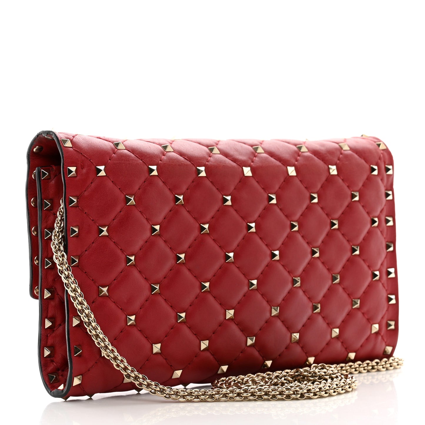 Lambskin Rockstud Spike Wallet on Chain Red