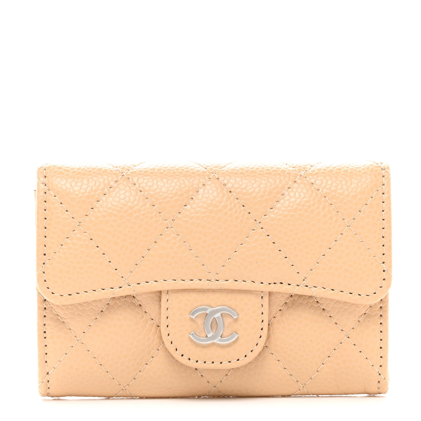 Caviar Quilted Flap Card Holder Wallet Beige