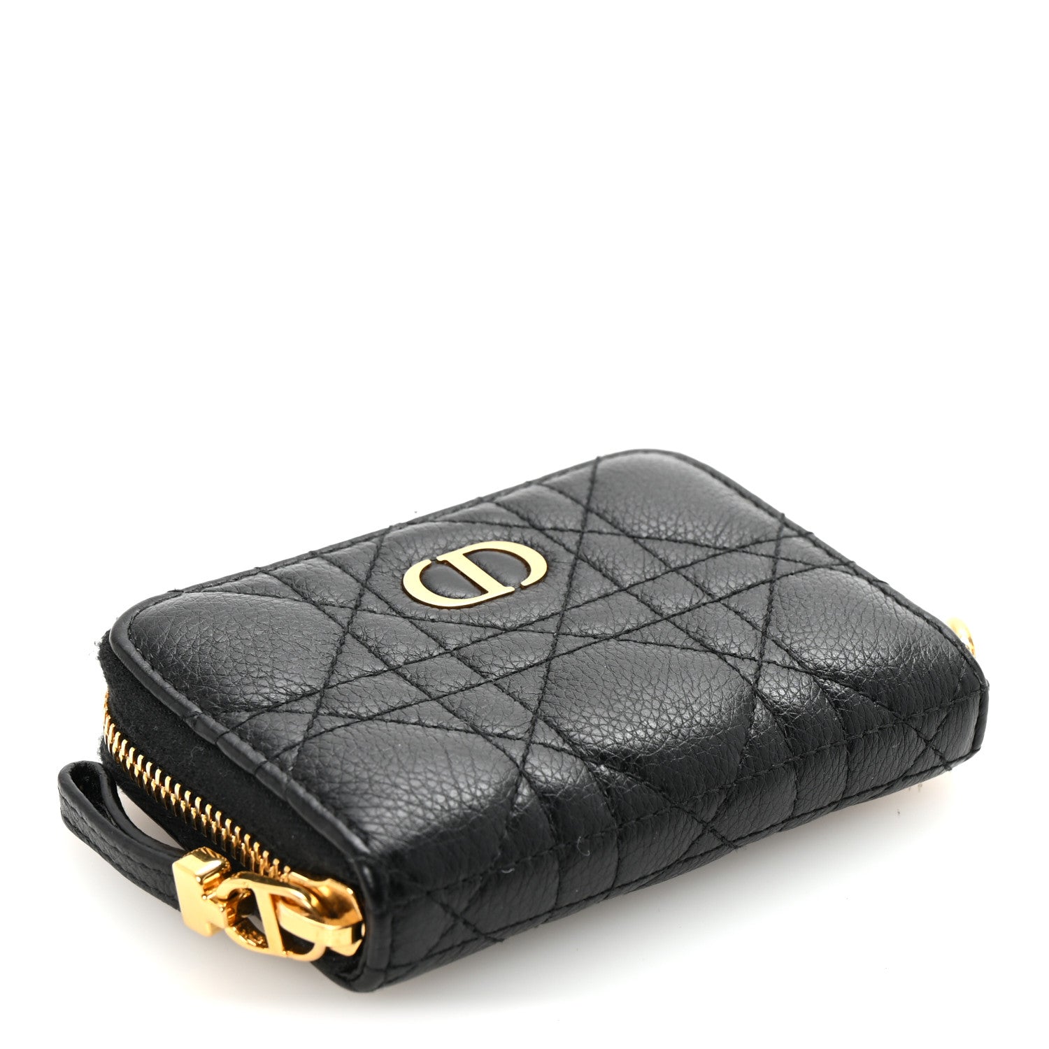 Christian Dior Grained Calfskin Supple Cannage Caro Compact Zip Card Wallet Black 4 of 7