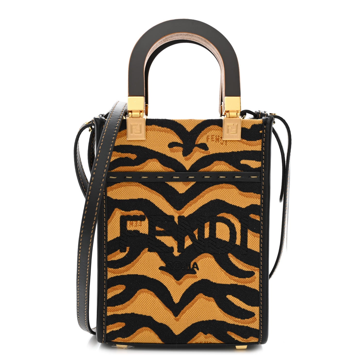 Fendi Canvas Vitello King Chinese New Year Tiger Embroidered Fendi Sunshine Shopper Tote Black Dark Yellow 1 of 10