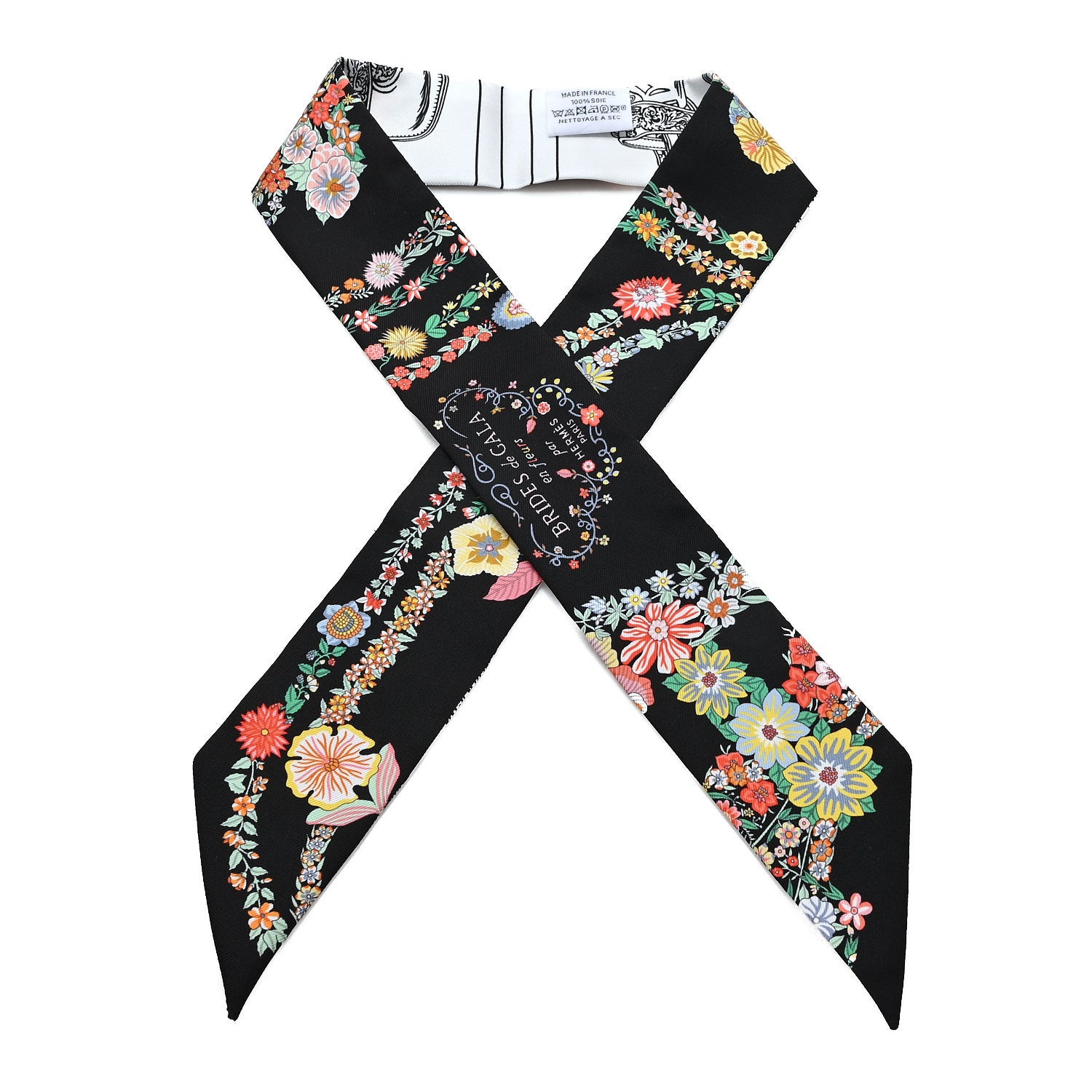 エルメス　人気ツイリー　Brides de GALA en fleurs 黒 Hermes Silk Brides de Gala en Fleurs Twilly Black Multicolor White