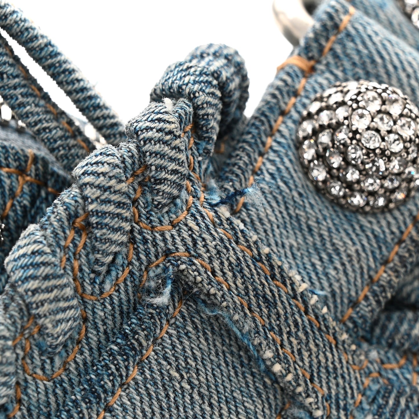 Washed Frayed Denim Crystal Small Le Cagole Shoulder Bag Blue