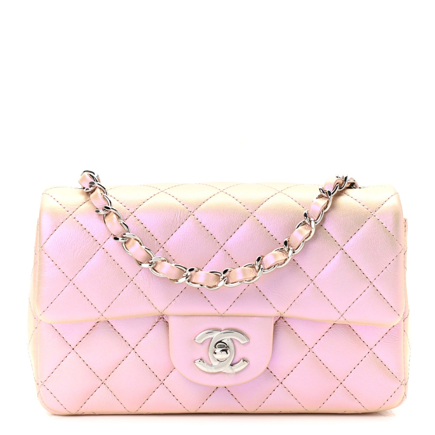 Iridescent Calfskin Quilted Mini Rectangular Flap Pink