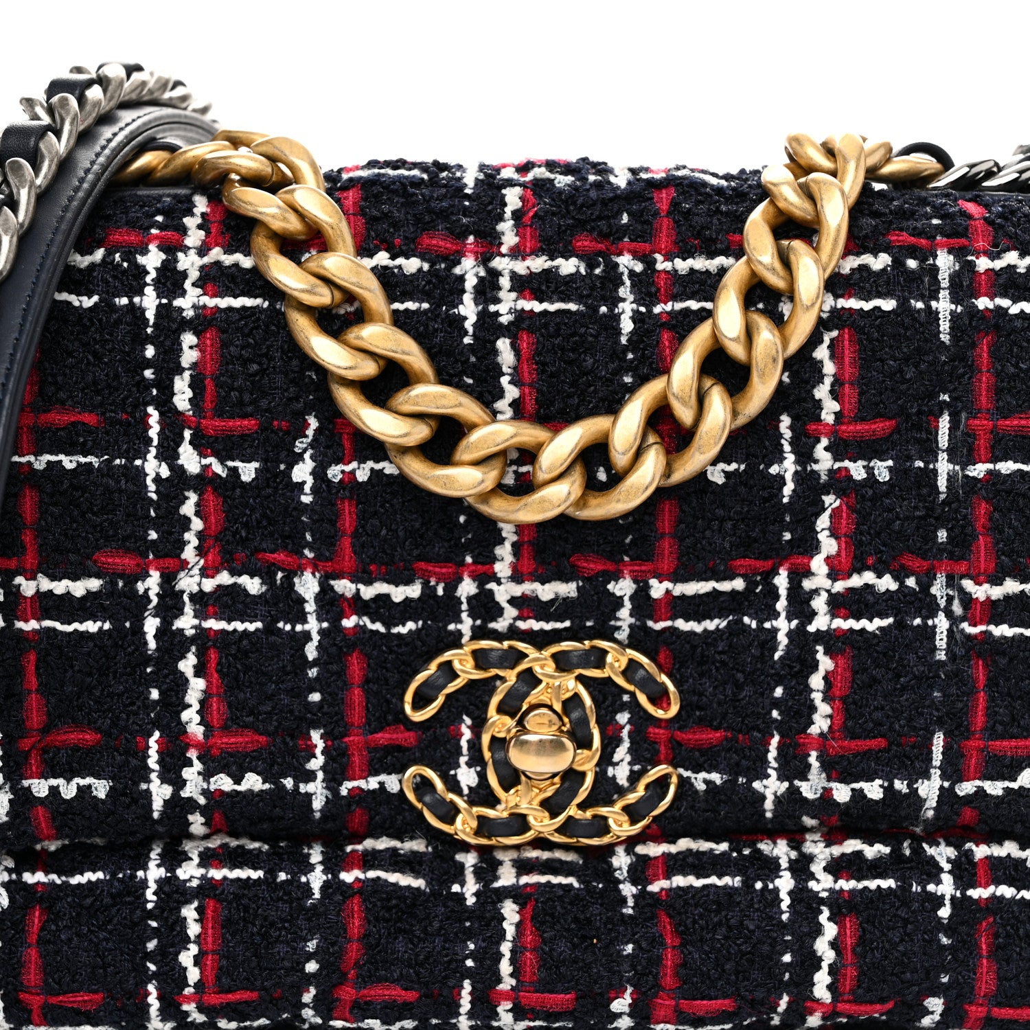 Chanel Tweed Quilted Medium Chanel 19 Flap Navy Blue White Red 8 of 10