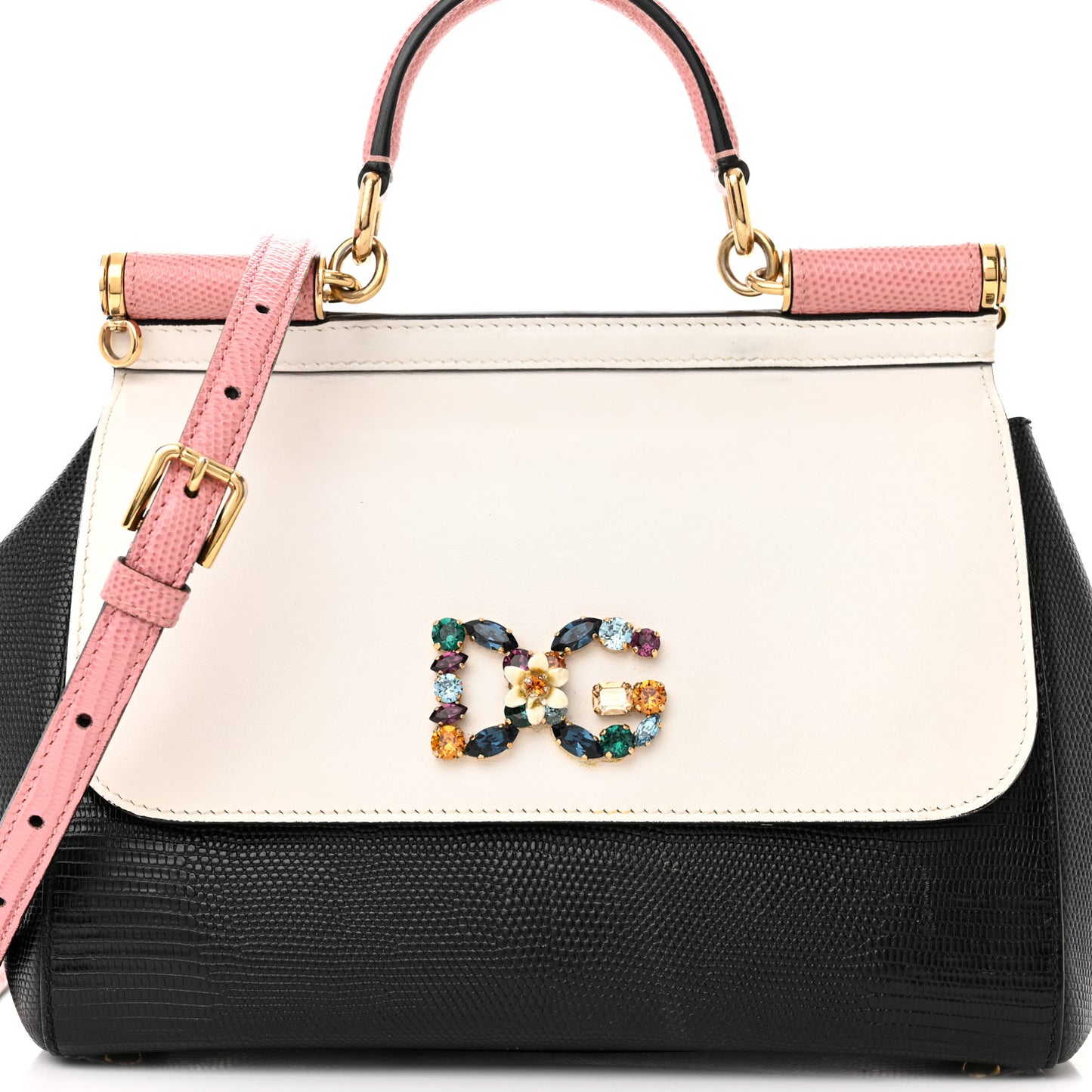 Stampa Iguana Crystal Medium Miss Sicily Satchel White Black Pink