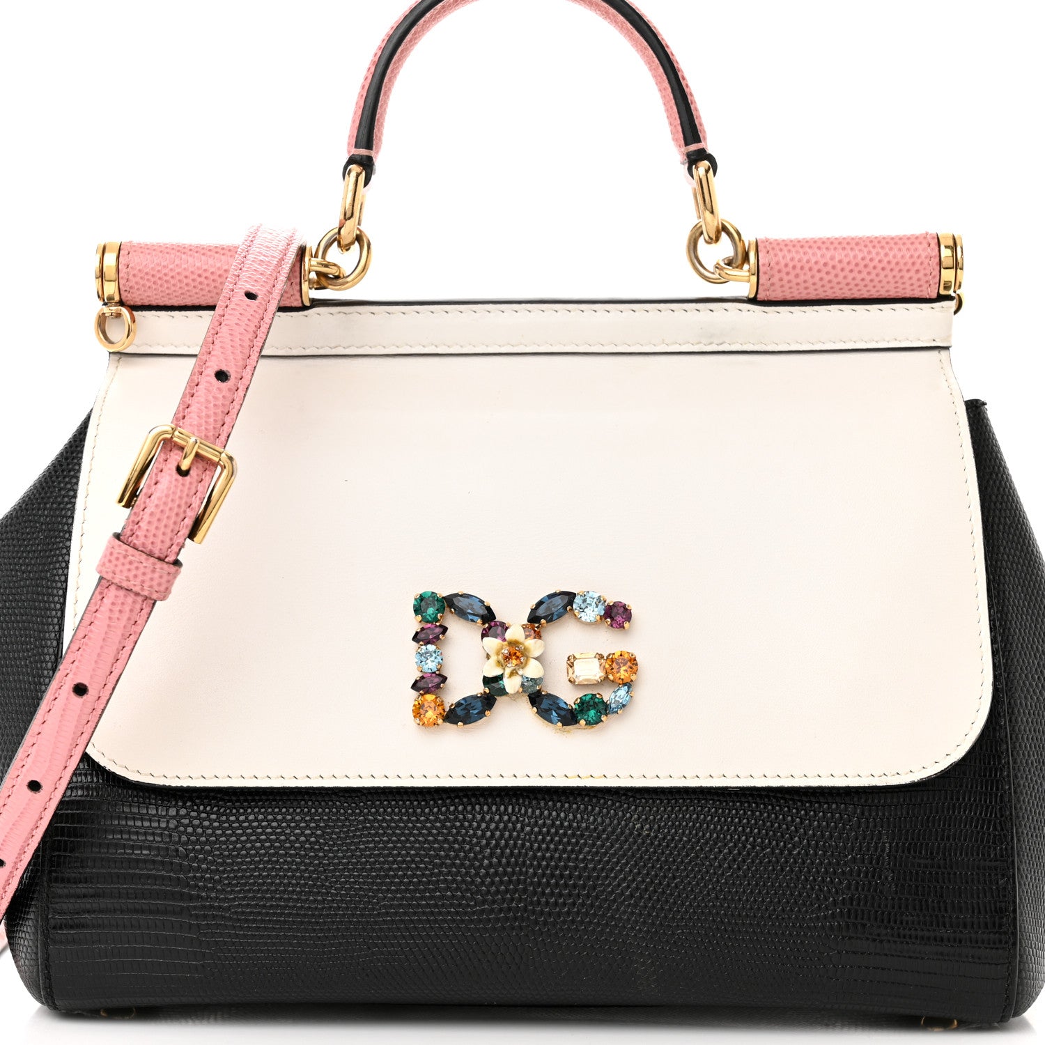 Dolce & Gabbana Stampa Iguana Crystal Medium Miss Sicily Satchel White Black Pink 7 of 21