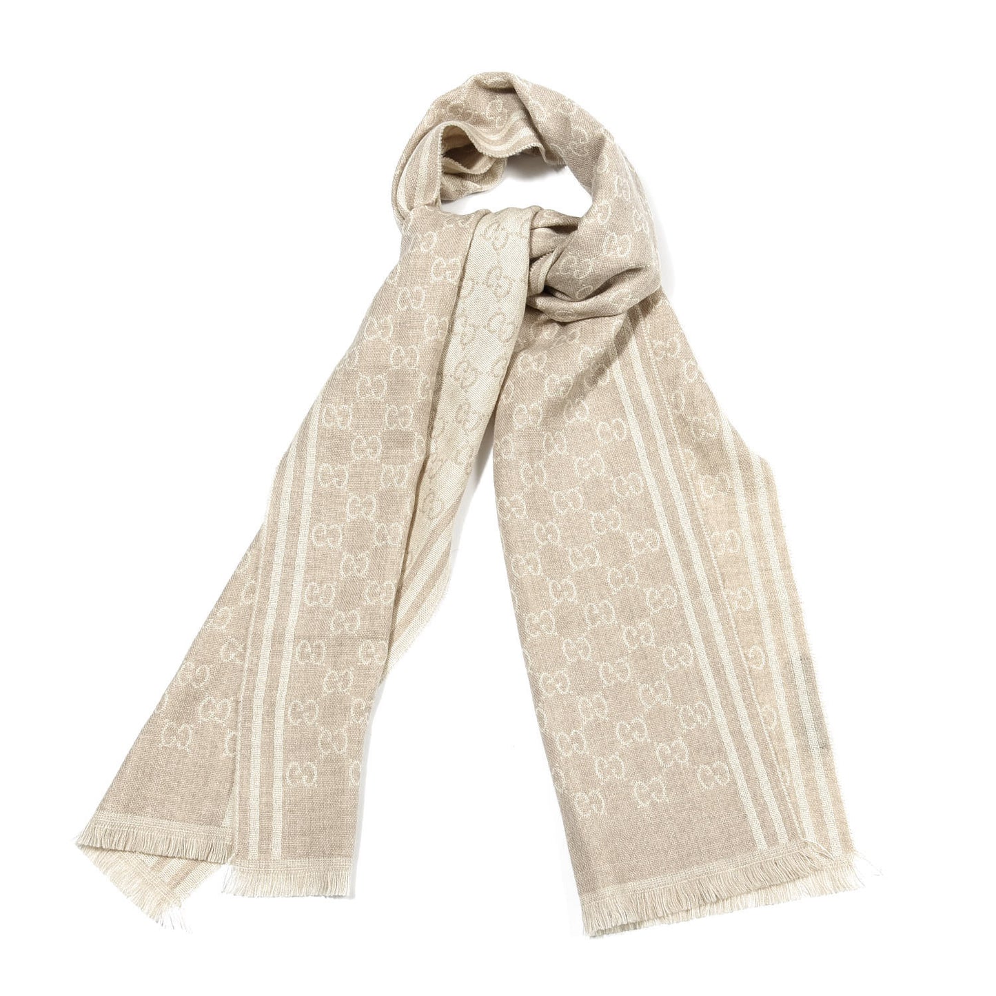 Wool Silk Monogram Fringe Scarf Beige