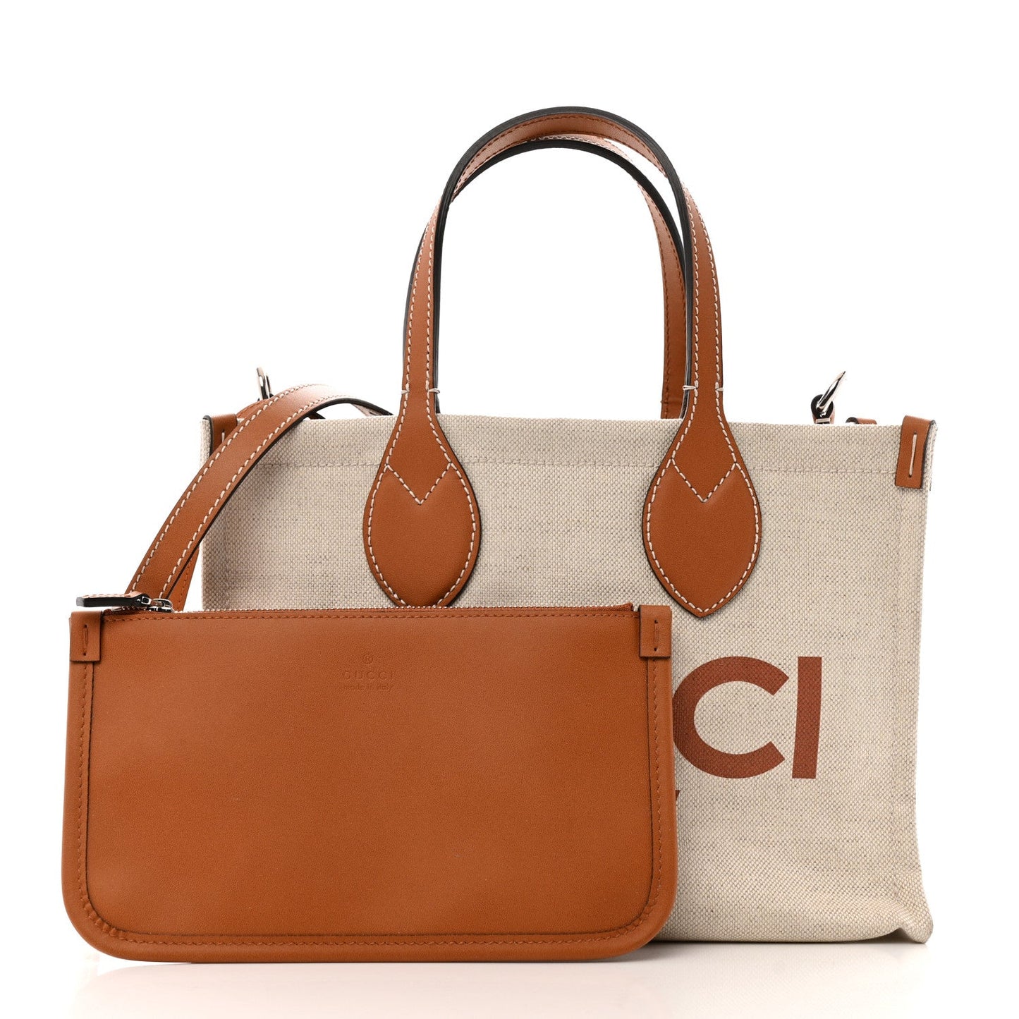 Canvas Calfskin Logo Print Medium Tote Bag Brown