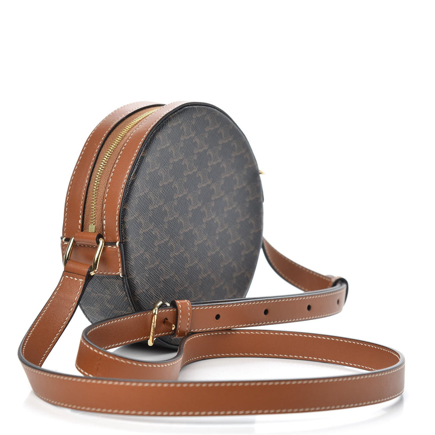 Lambskin Triomphe Canvas Round Purse On Strap Black Tan