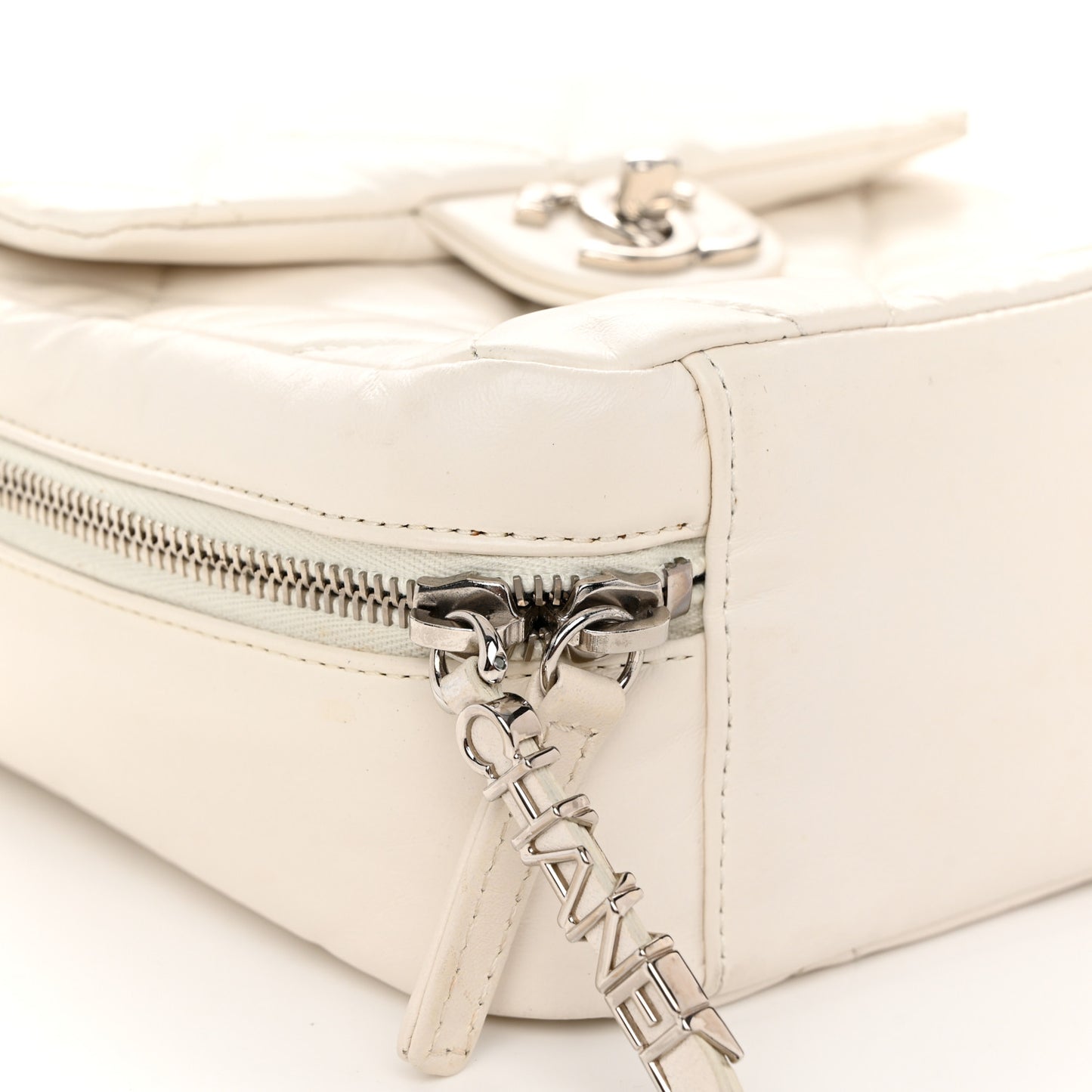 Aged Calfskin Quilted Top Handle Camera Case White