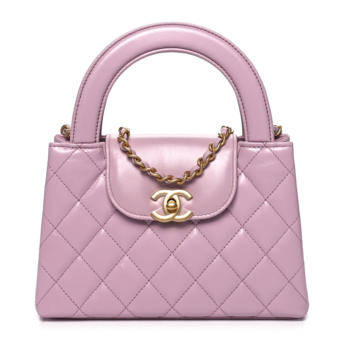 Shiny Aged Calfskin Quilted Nano Kelly Shopper Pink