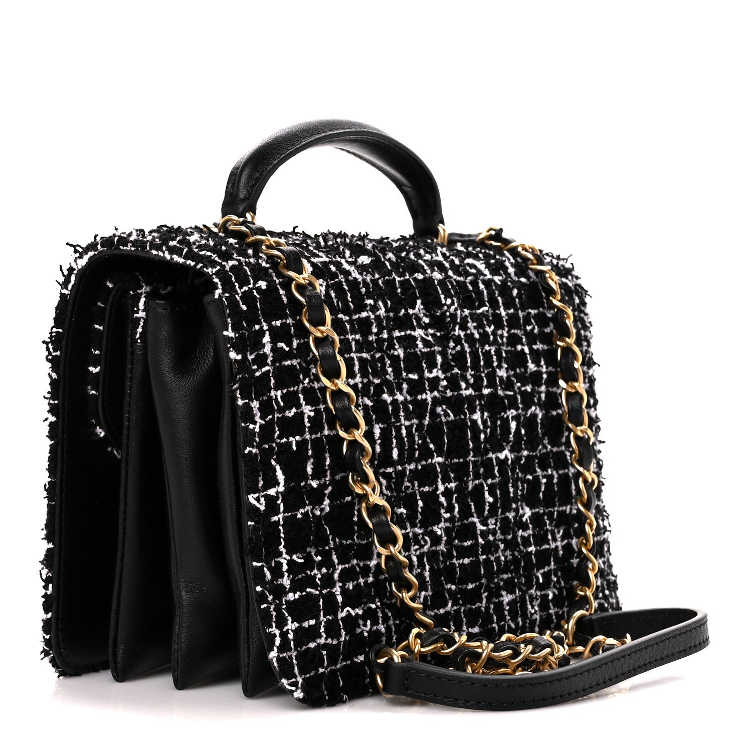 Chanel Tweed Lambskin Quilted Top Handle Flap Black White 3 of 12