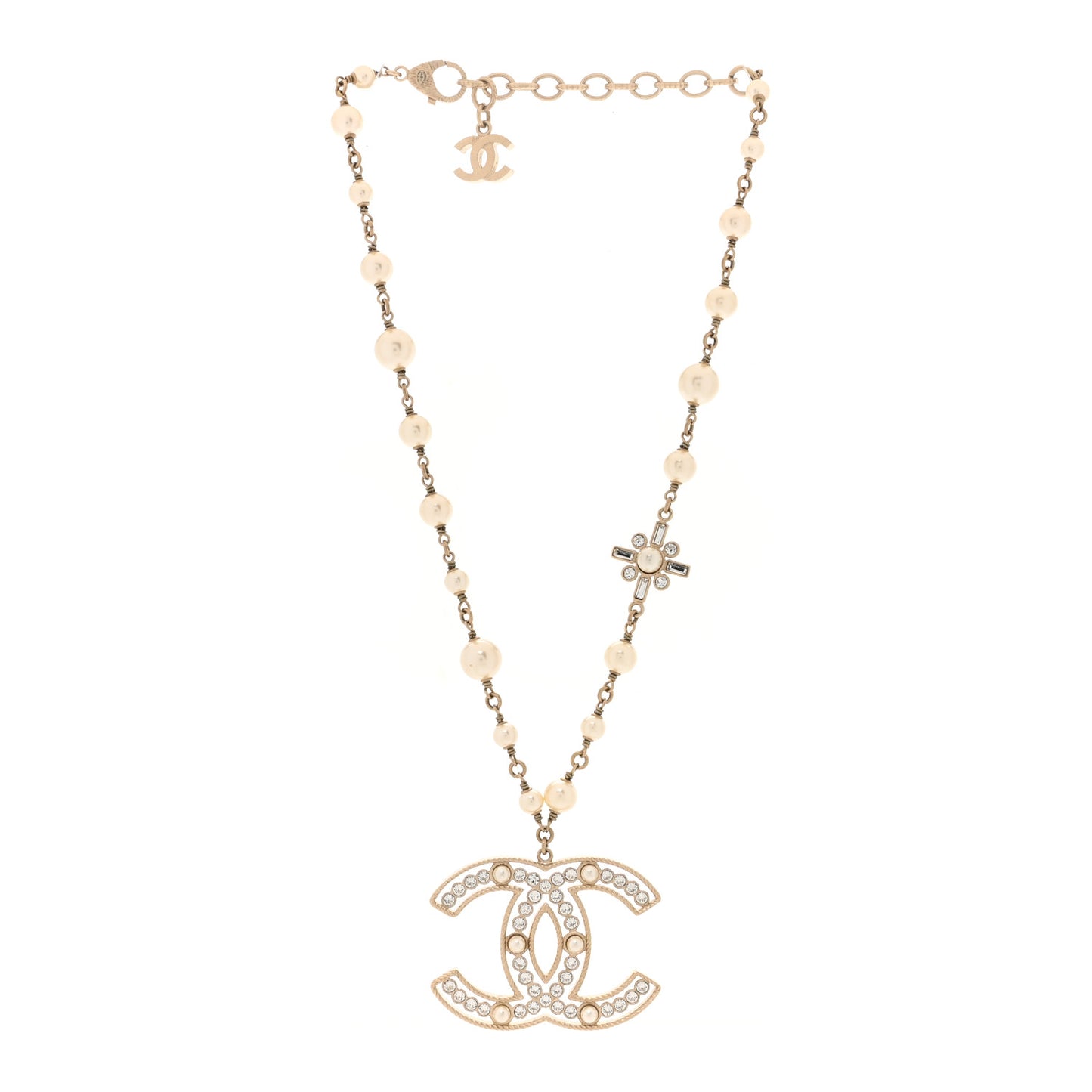 Crystal Baguette Pearl CC Cross Pendant Necklace Gold