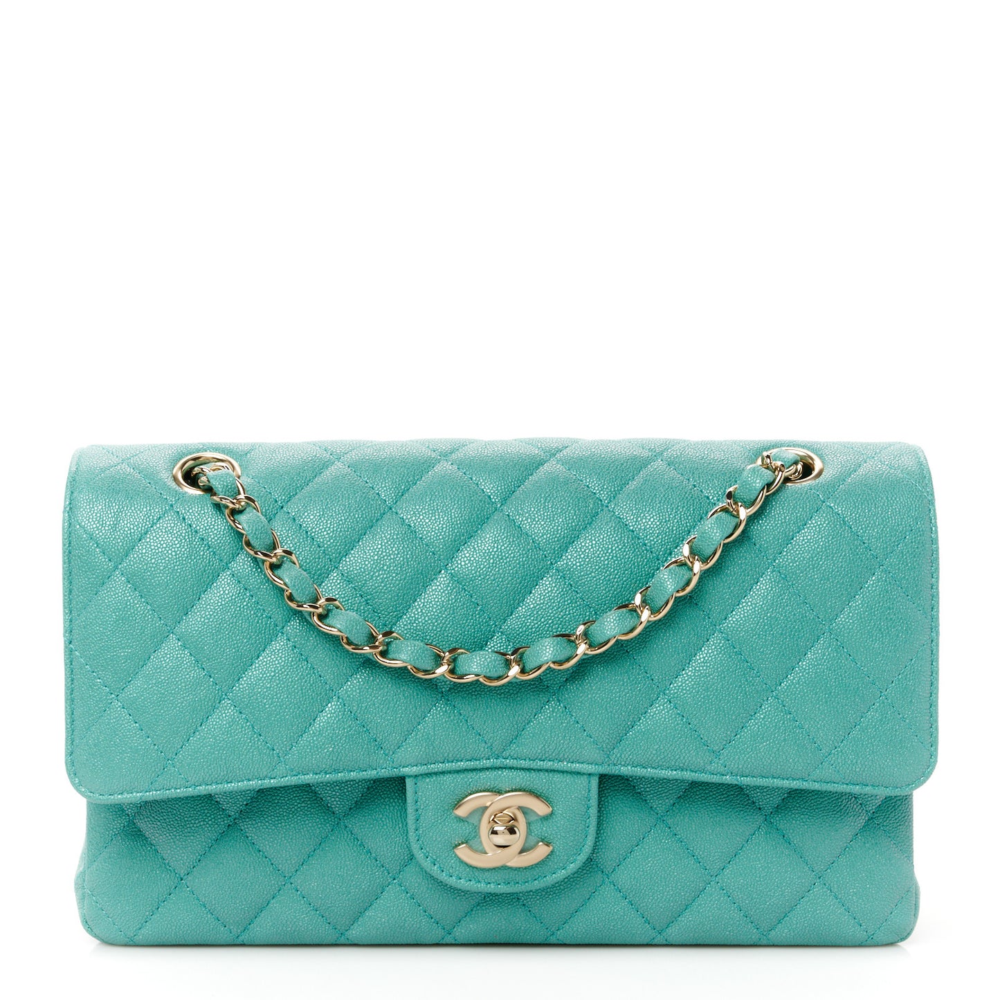 Iridescent Caviar Quilted Medium Double Flap Green