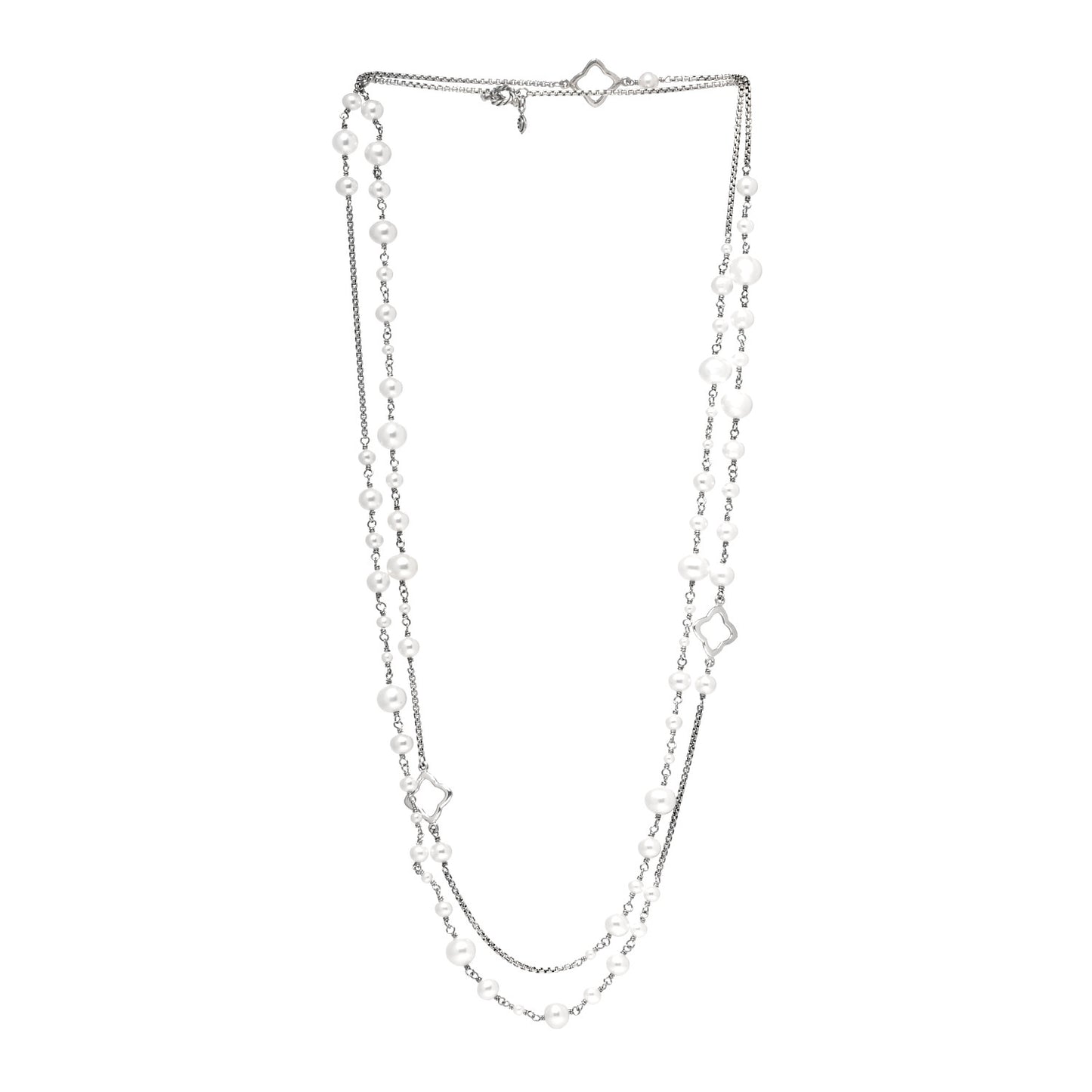 Sterling Silver Pearl Quatrefoil Long Chain Necklace
