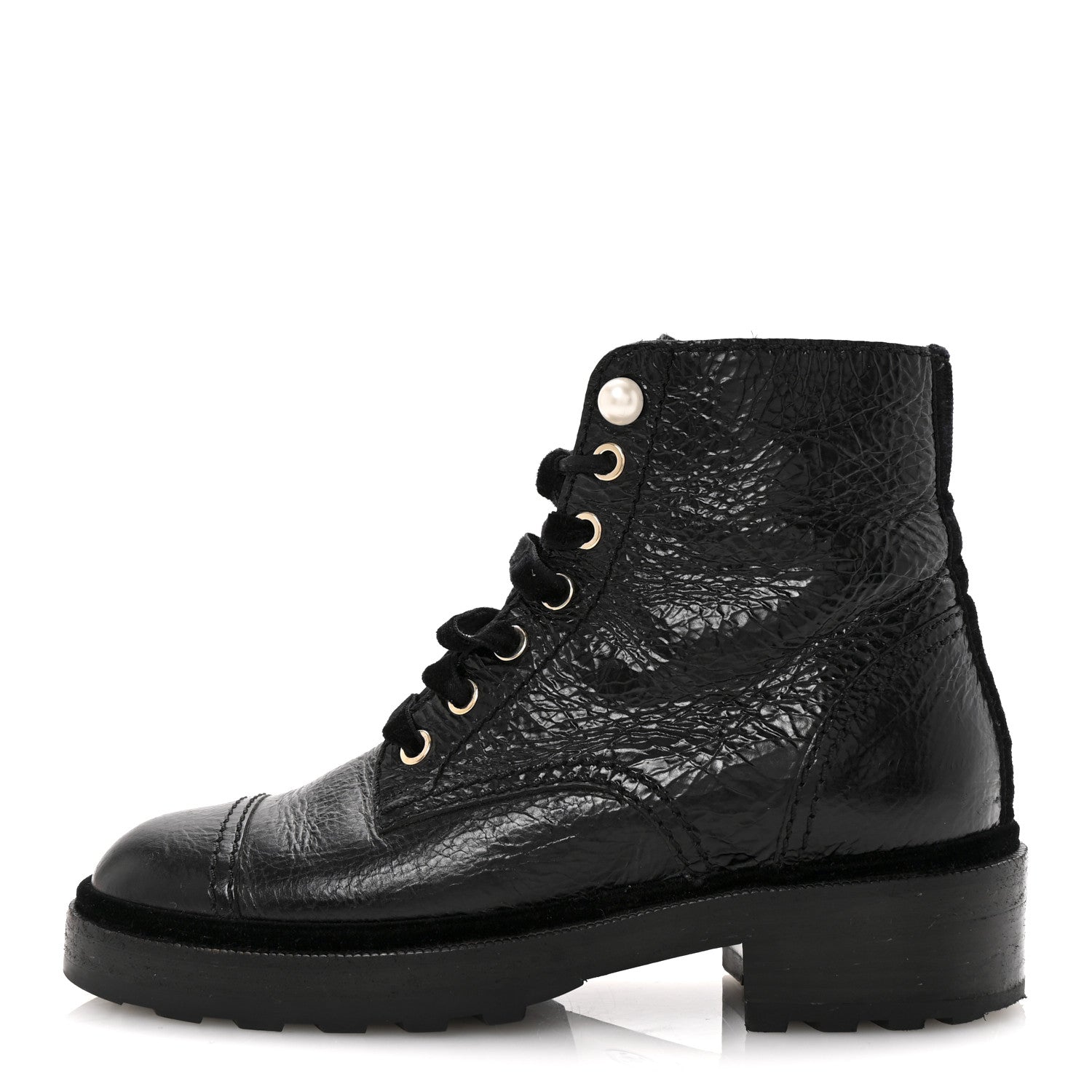Chanel Shiny Calfskin Velvet Pearl Combat Short Boots 36 Black