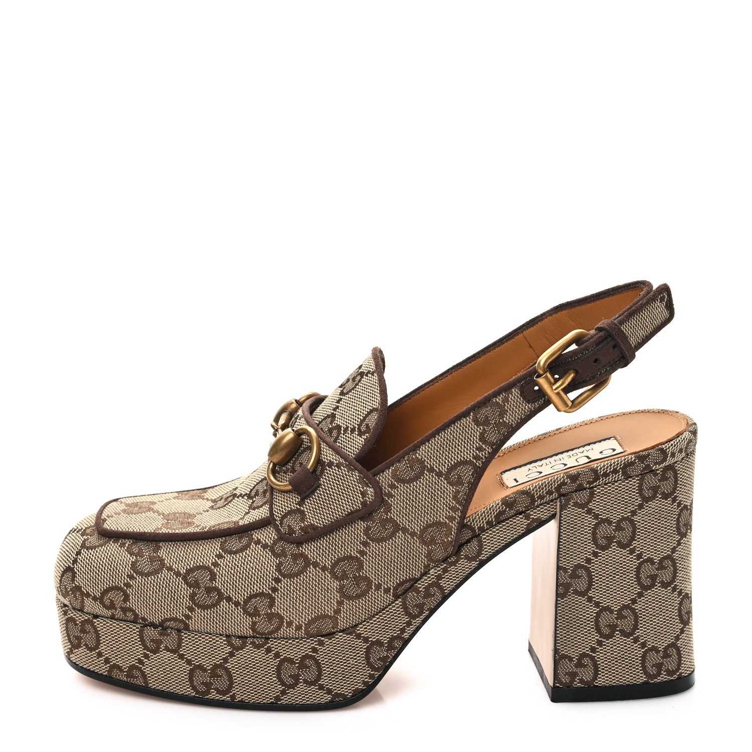 Gucci Monogram Kid Scamosciato Horsebit Platform 25/85mm Slingback Mules 36.5 Beige Ebony New Acero 1 of 9
