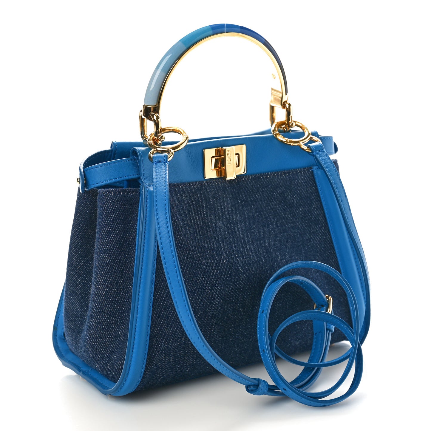 Denim Fabric Nappa FF Mini Peekaboo Iconic Satchel Blue