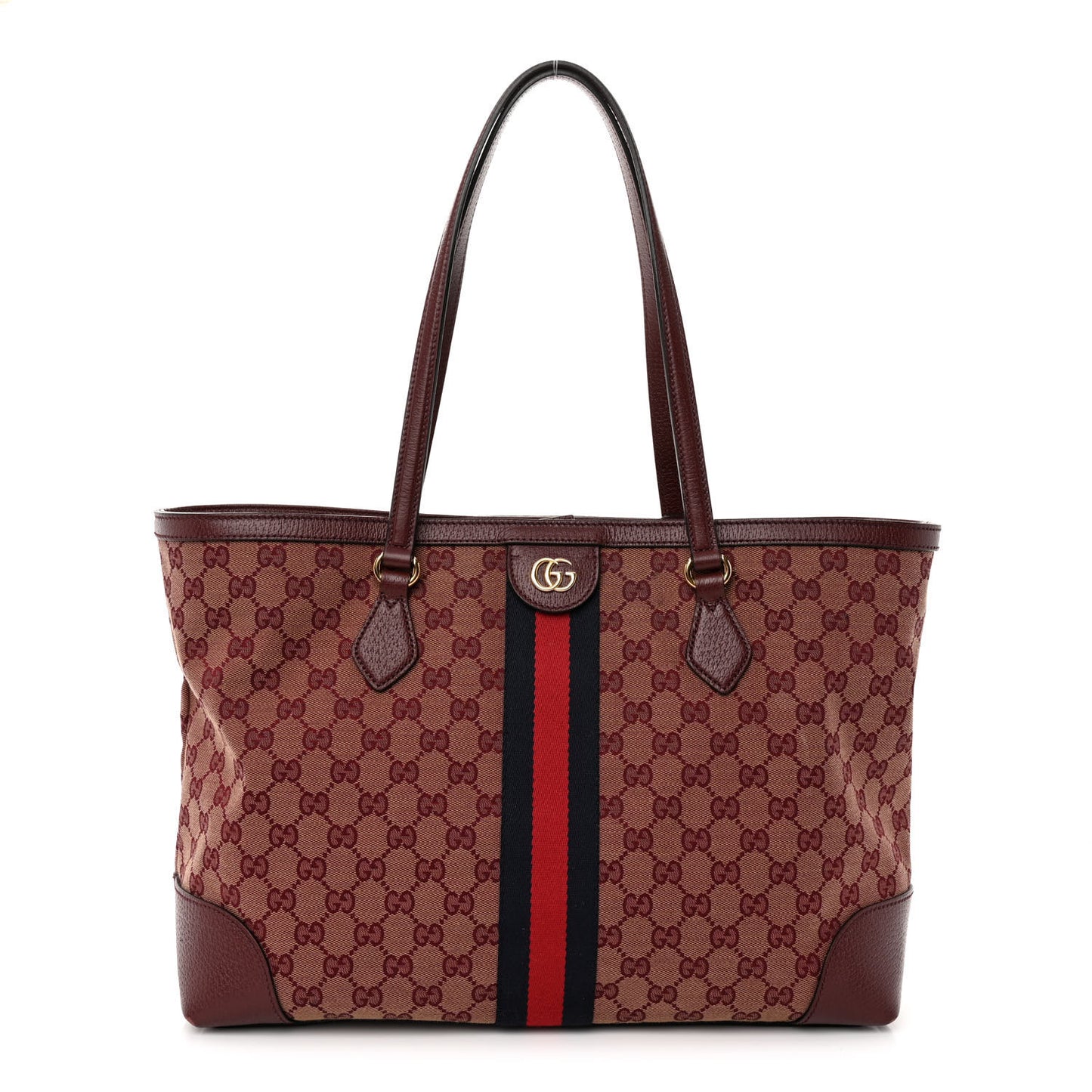Monogram Textured Dollar Calfskin Web Medium Ophidia Shopping Tote Sahara Rubino Chardonnay