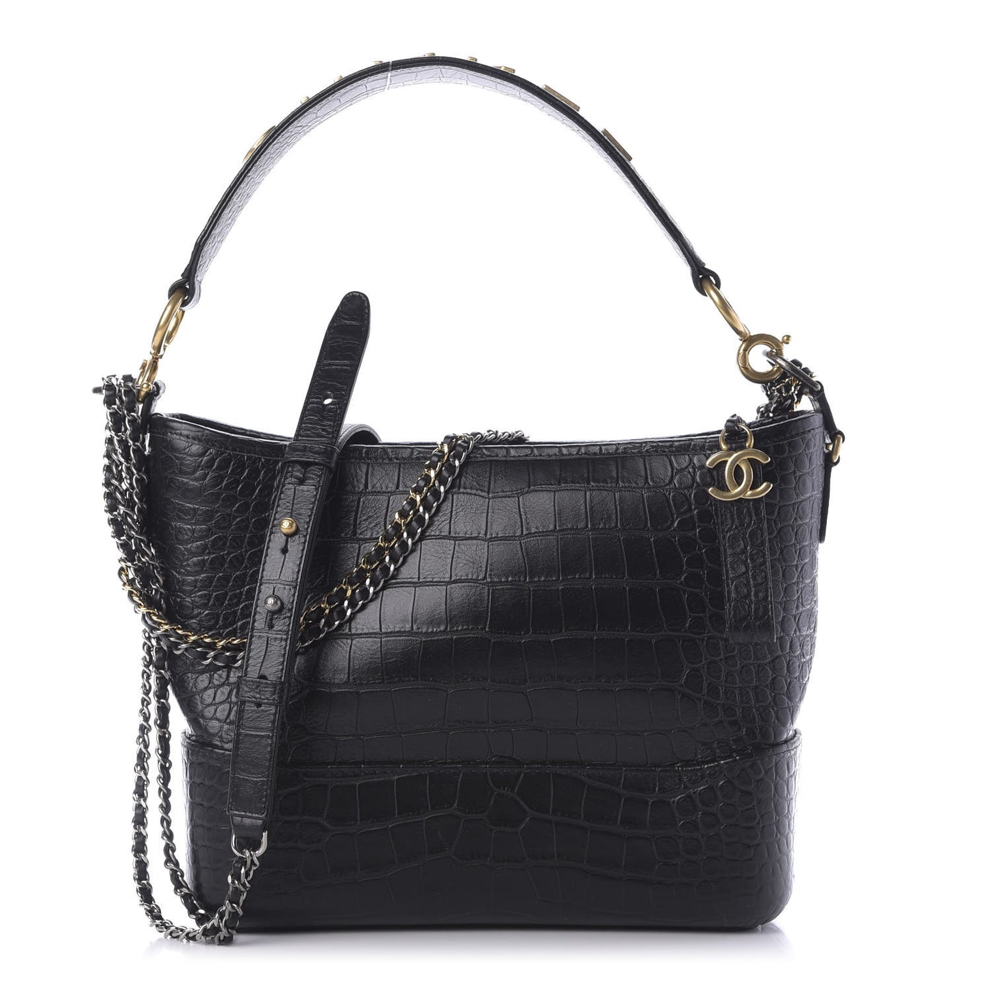 Crocodile Embossed Calfskin Medium Gabrielle Cocodile Hobo Black