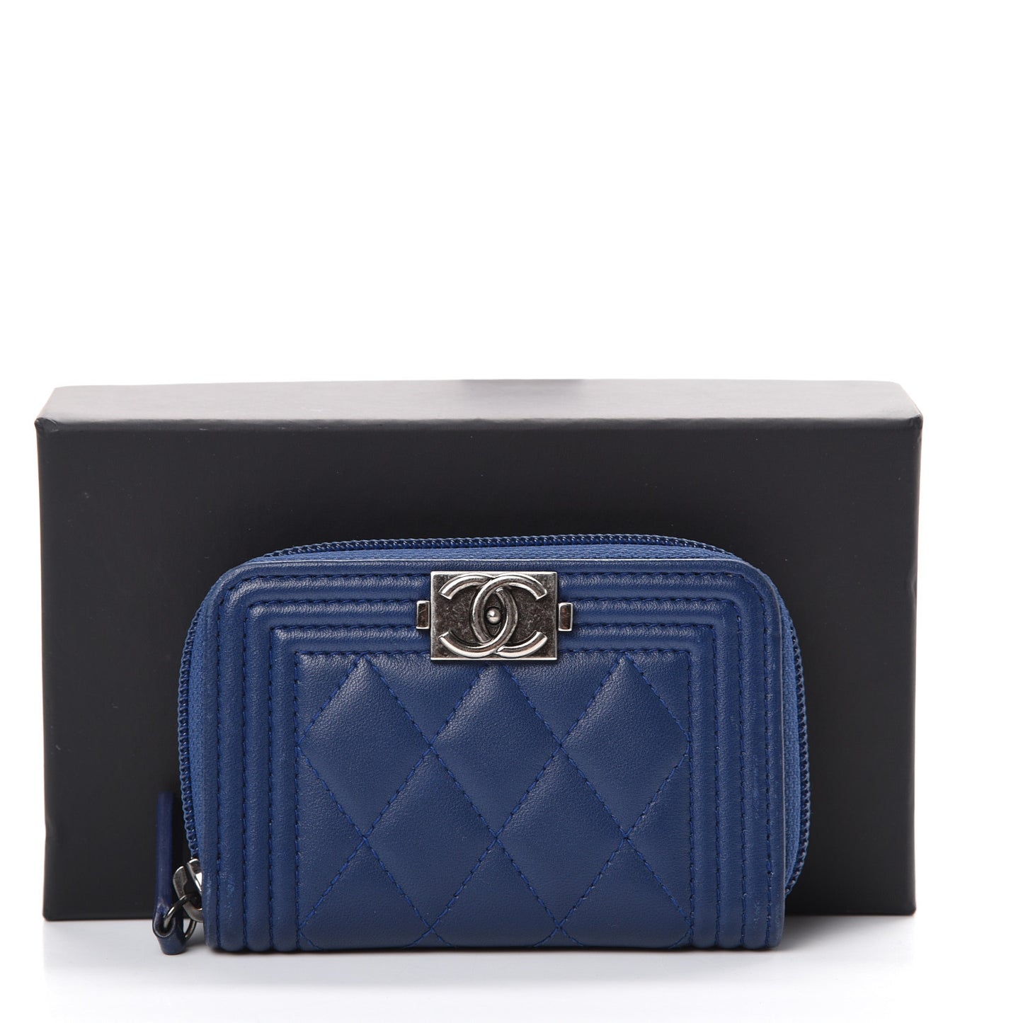 Lambskin Quilted Boy Zip Around Coin Purse Wallet Blue