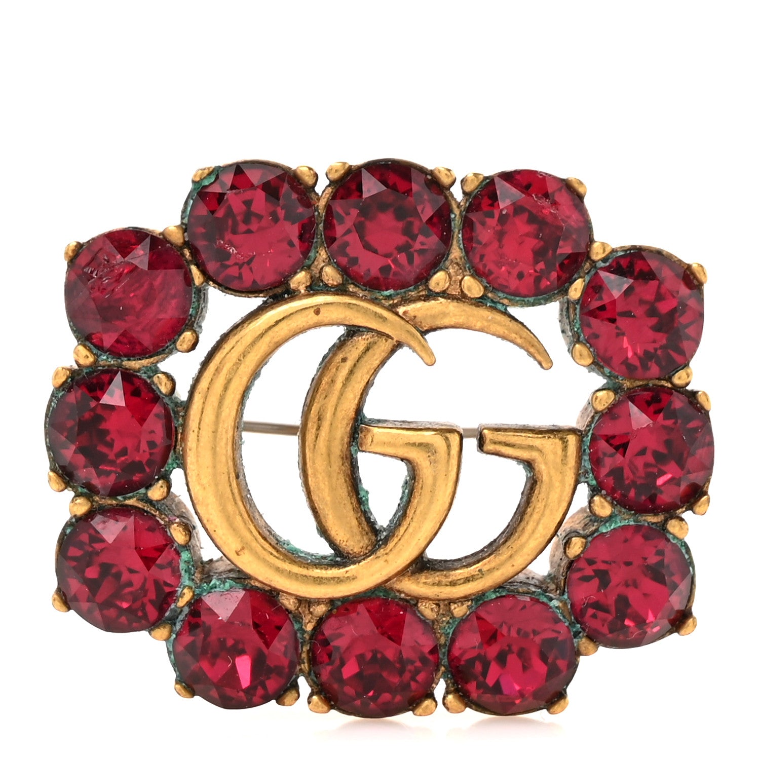 グッチ GUCCI クリスタル付き メタル ダブルG ブローチ　バッジ Gucci Metal Crystal Double G Brooch Aged Gold Red 1839000