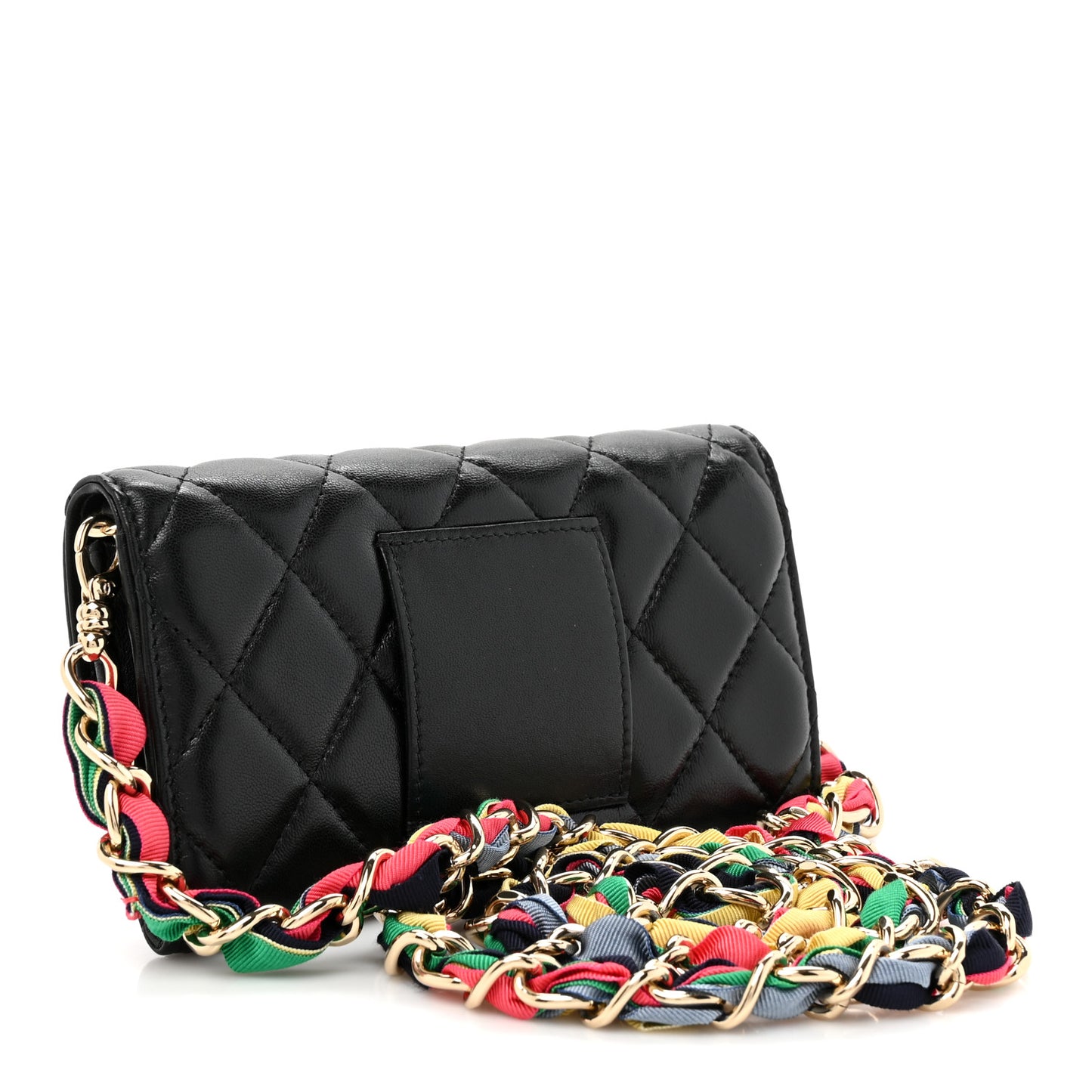 Shiny Lambskin Ribbon Quilted Clutch With Chain Black