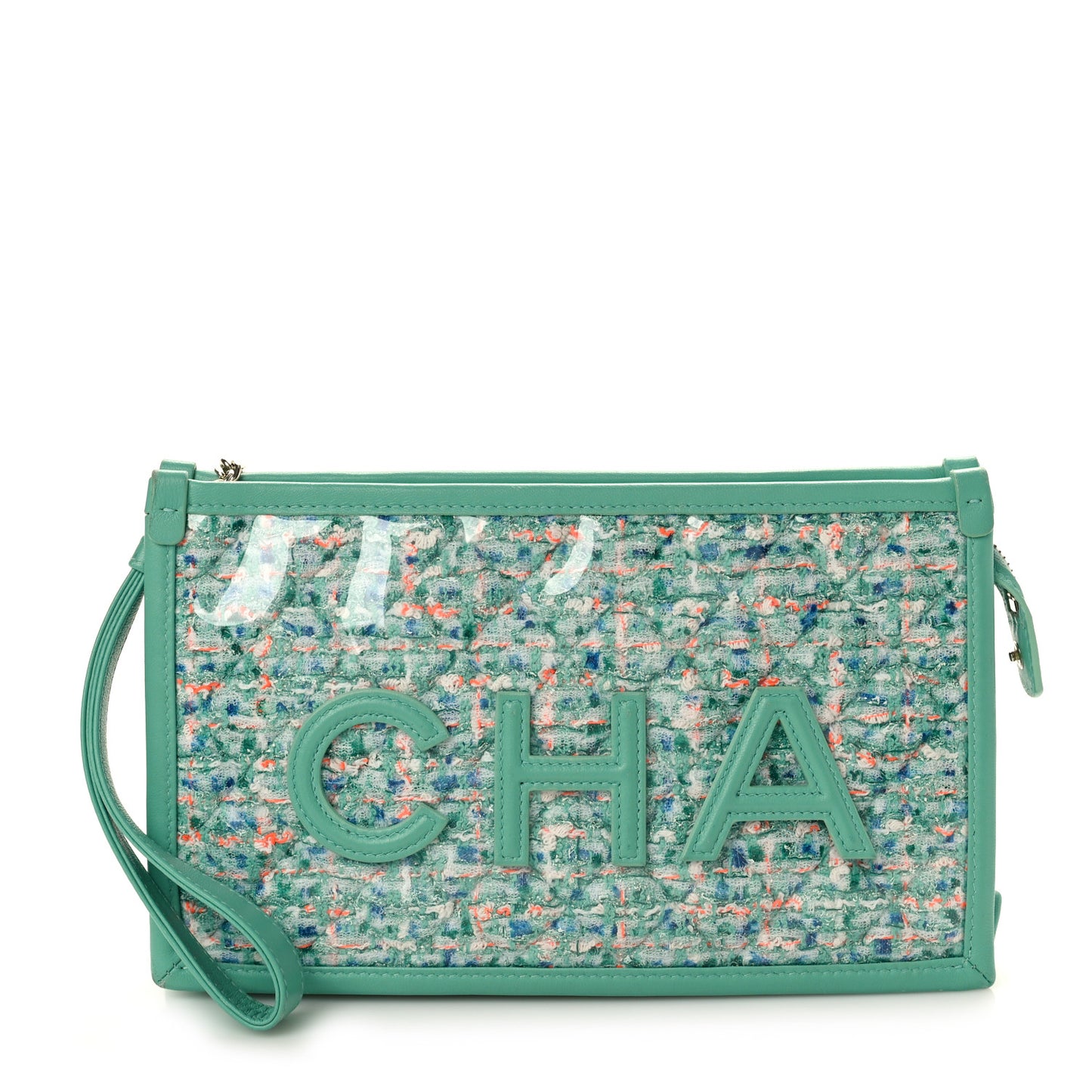 Tweed Lambskin PVC Quilted Wristlet Pouch Green