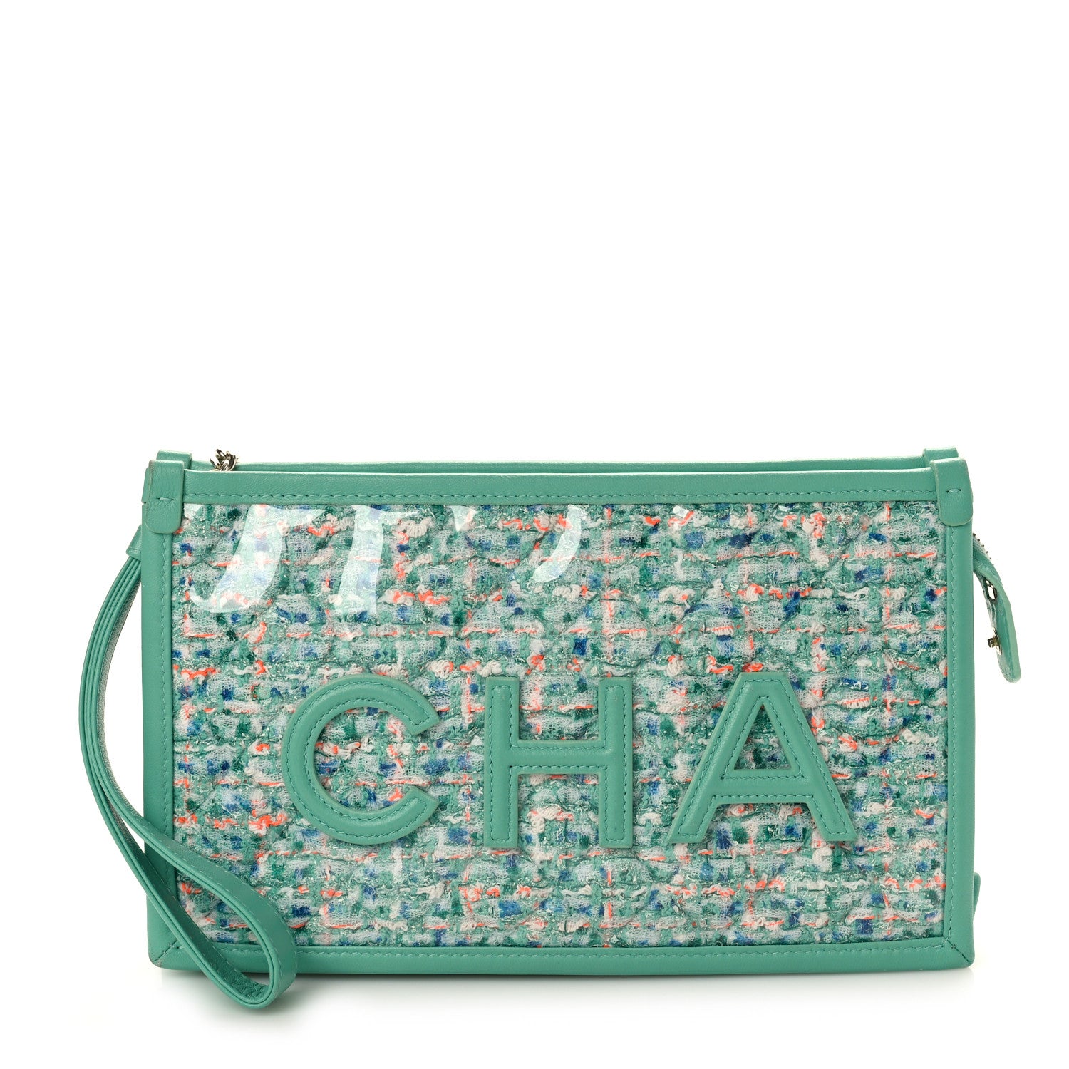 Chanel Tweed Lambskin PVC Quilted Wristlet Pouch Green 1 of 7