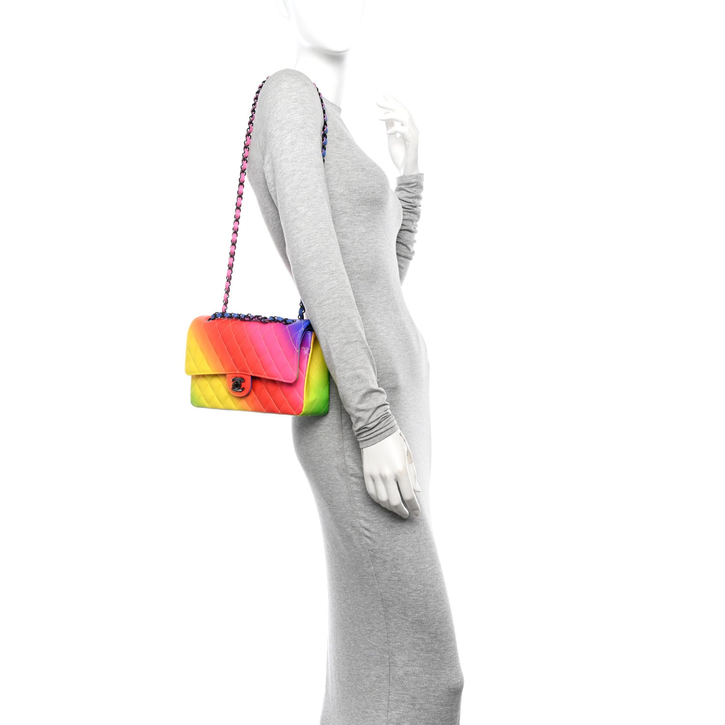 Calfskin Quilted Medium Rainbow Double Flap Multicolor