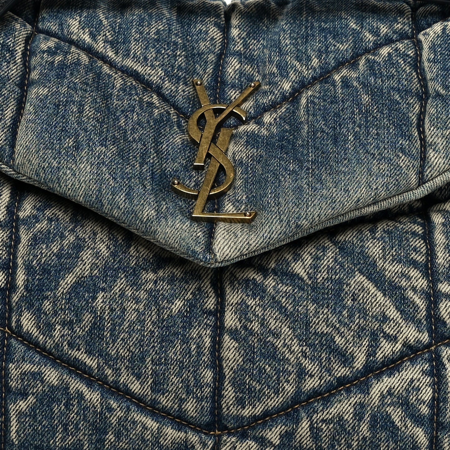 Denim Quilted Medium Loulou Puffer Monogram Chain Satchel Blue Black