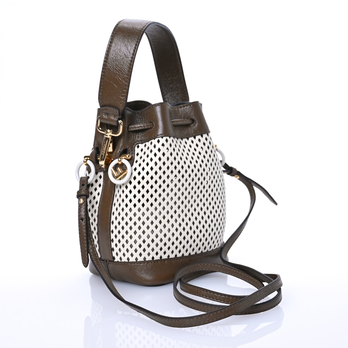Vitello Liberty Glossy Lambskin F is Fendi Perforated Mini Mon Tresor Bucket Bag White Ice Rust Maya