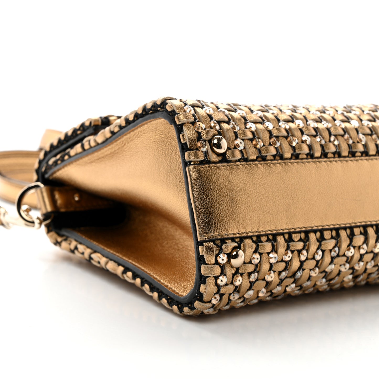 Metallic Calfskin Sequin Crystal Embroidered Mini Vsling Top Handle Bag Gold Multicolor