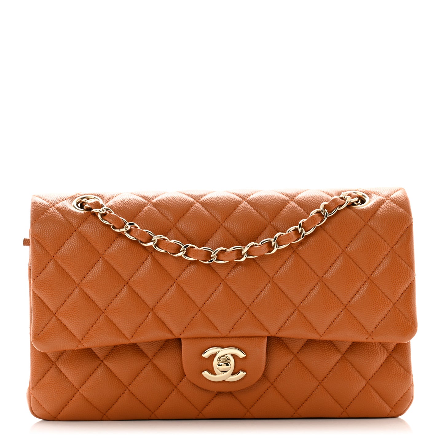 Caviar Quilted Medium Double Flap Light Brown