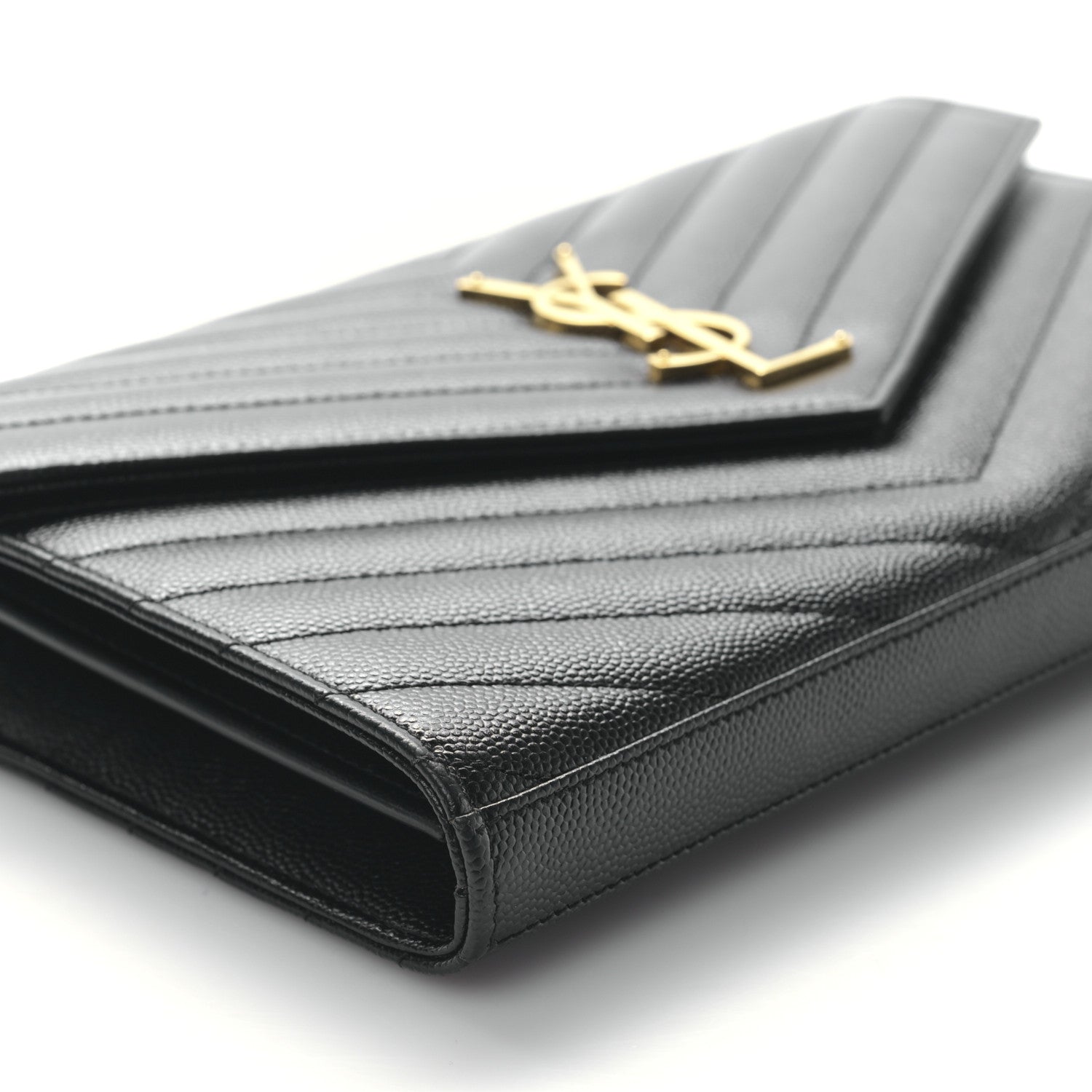 Saint Laurent Grain De Poudre Matelasse Chevron Monogram Envelope Chain Wallet Black 8 of 9