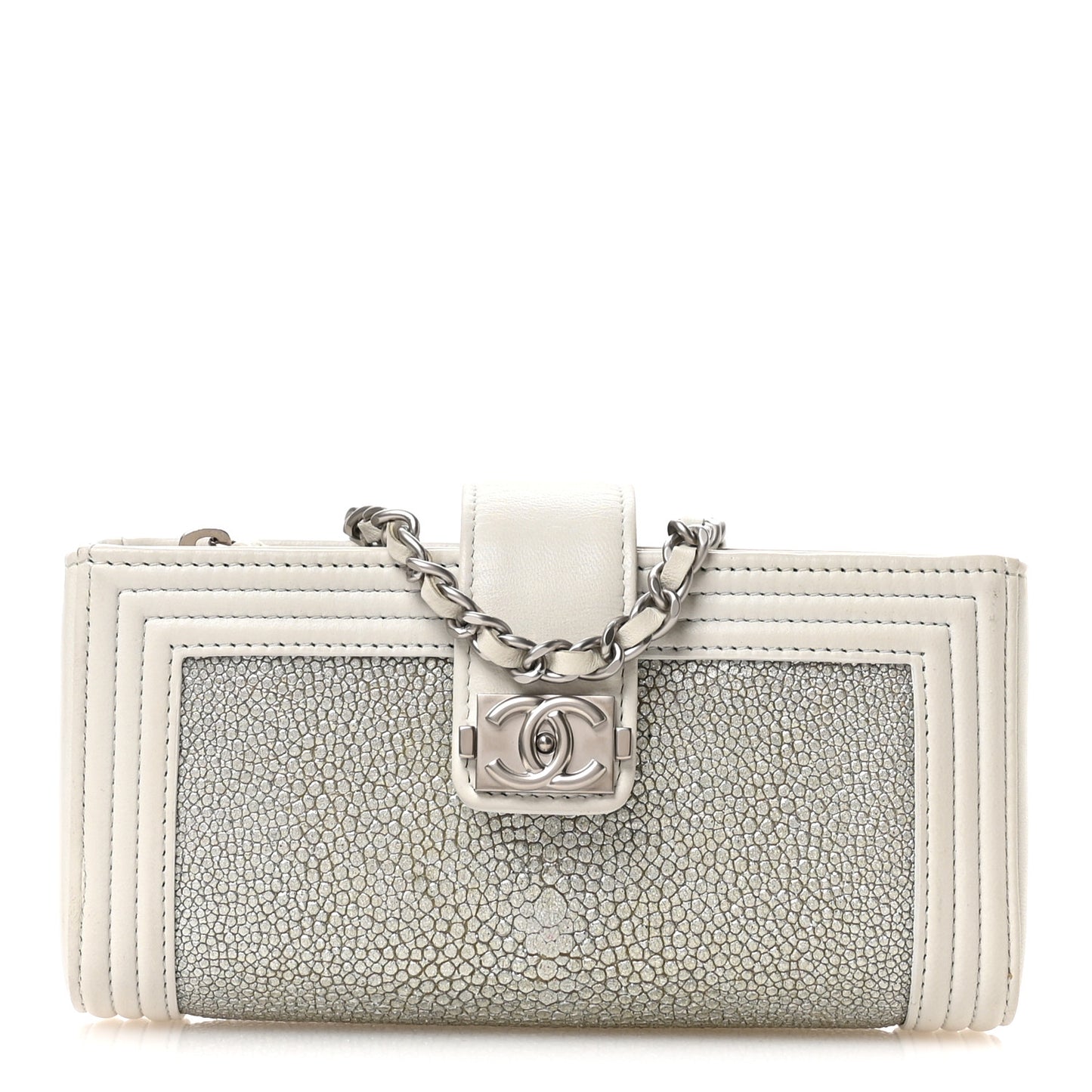 Metallic Galuchat Stingray Lambskin Mini Clutch With Removable Chain Silver
