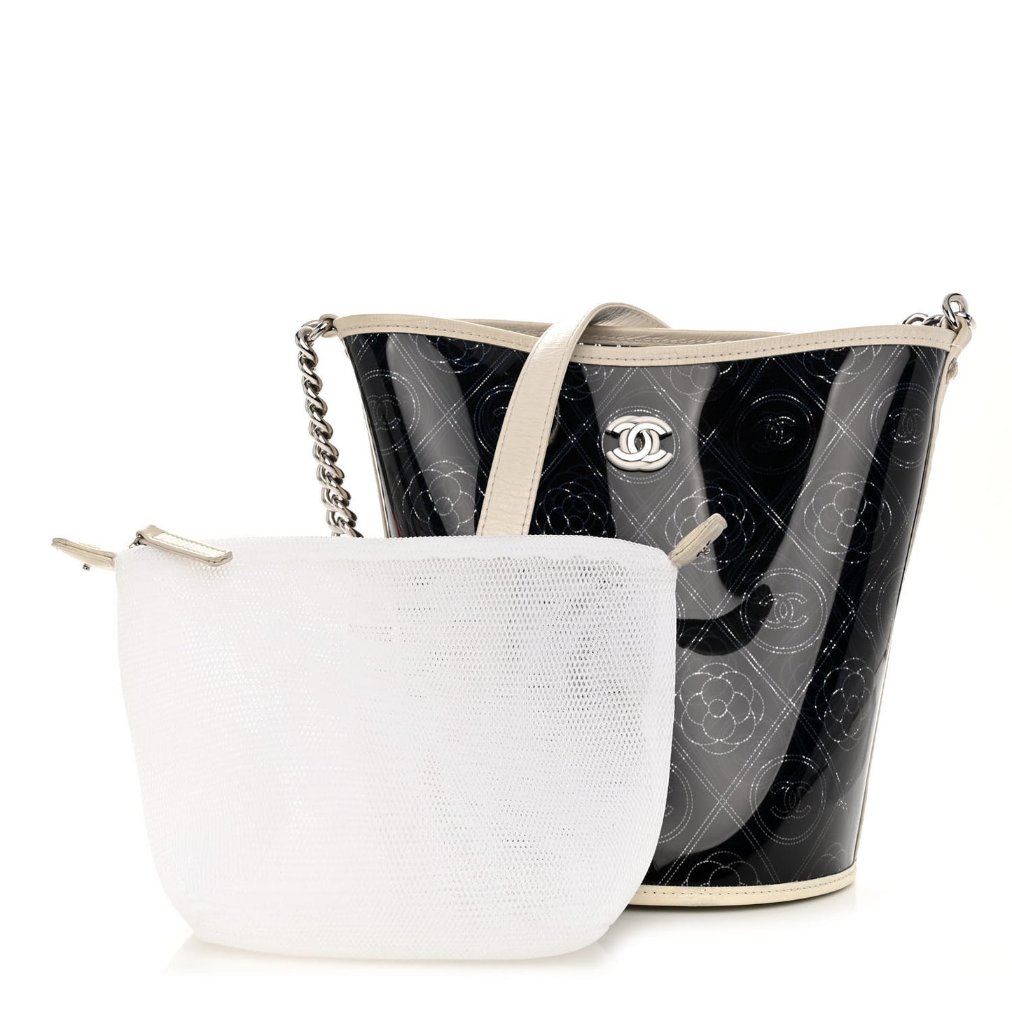 Crumpled Calfskin PVC Camellia Coco Bucket Bag Black White