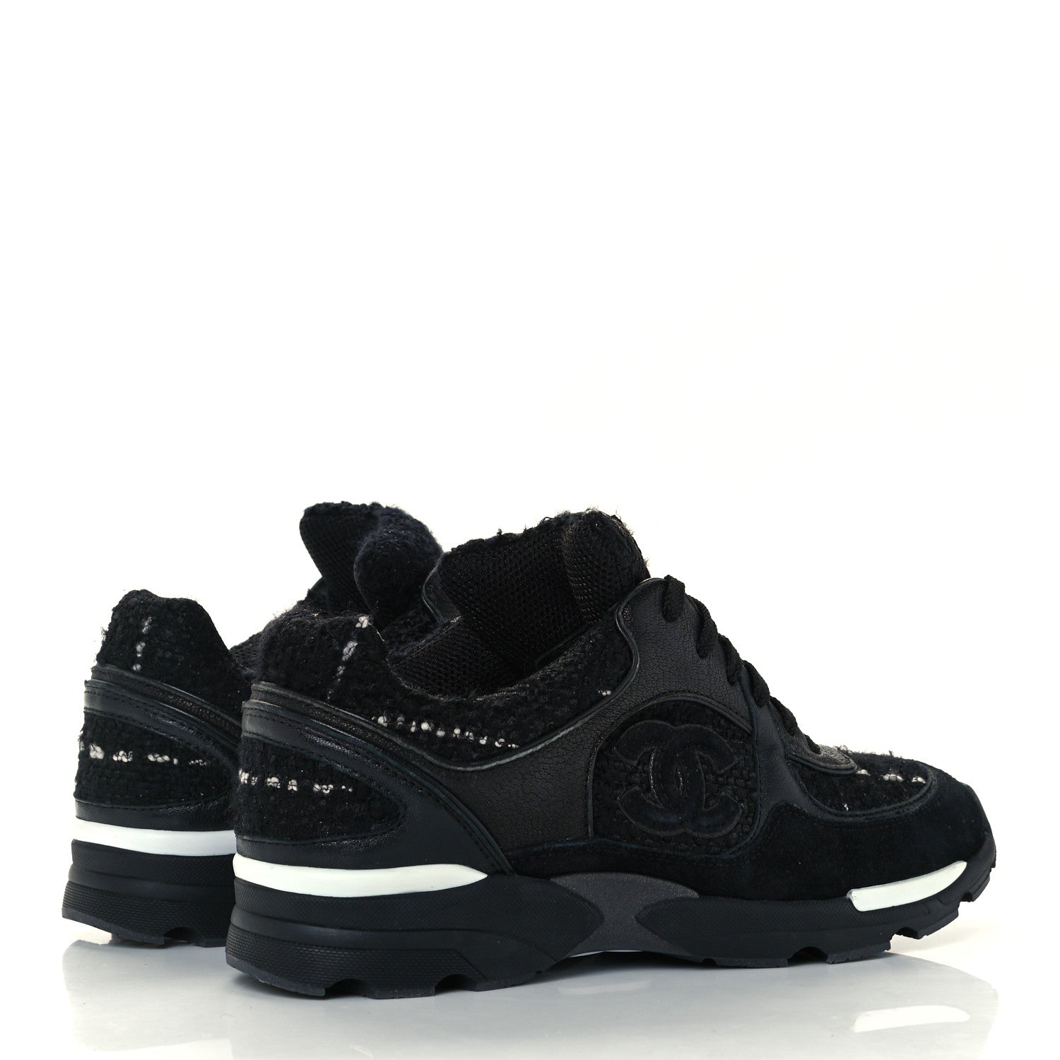 Chanel Tweed Suede Goatskin CC Sneakers 37 Black White 4 of 12