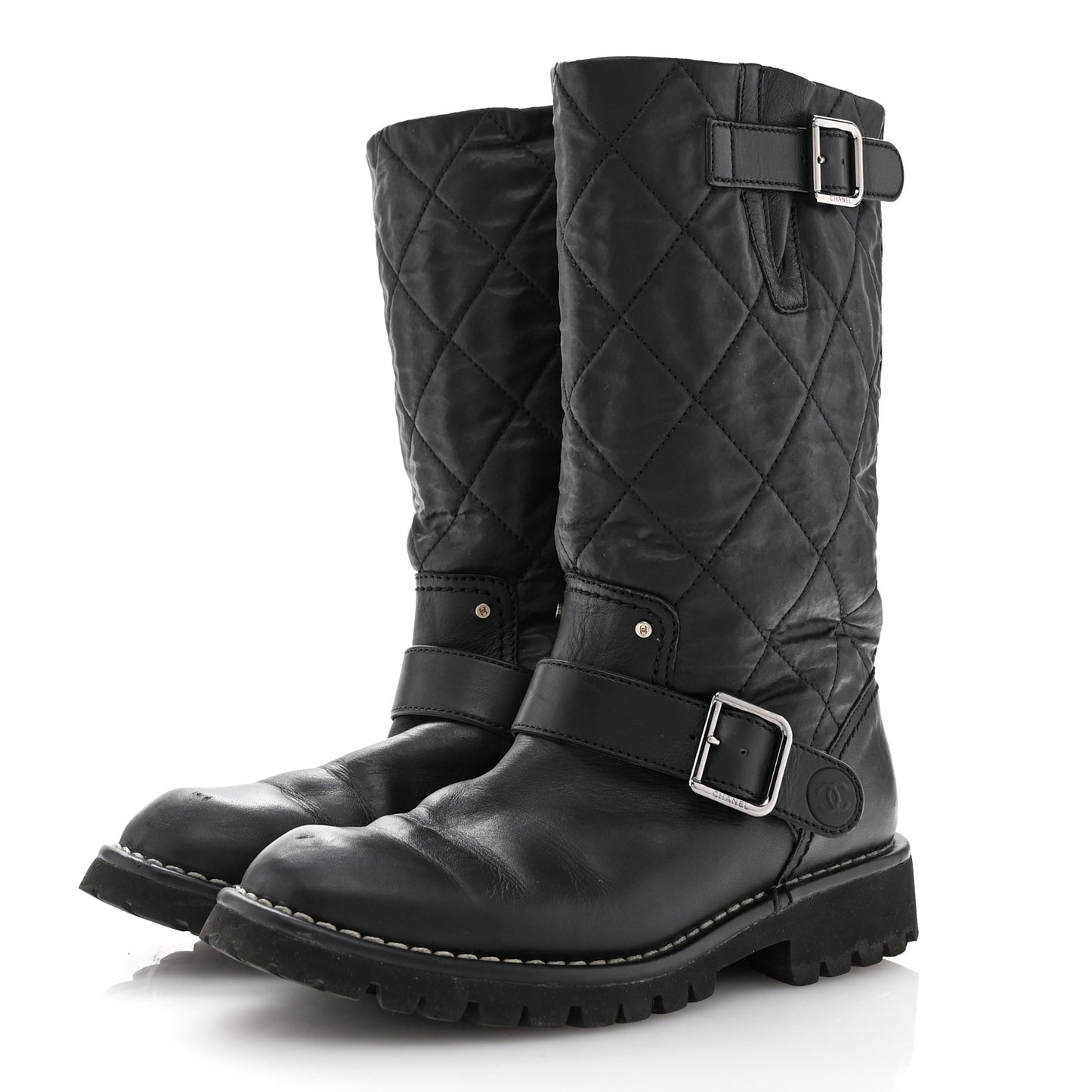 Calfskin Quilted Buckle Biker Boots 36 Black