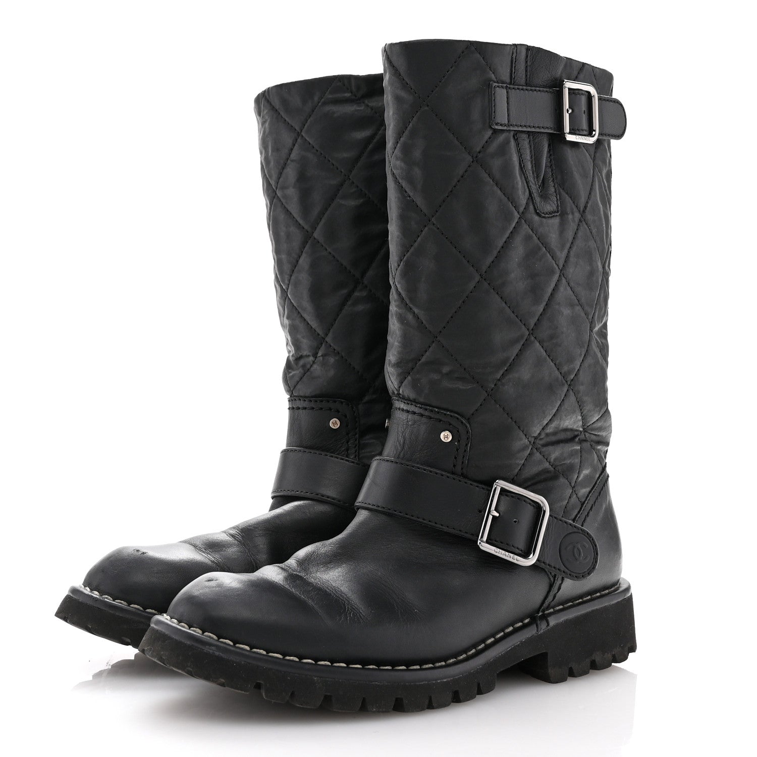 Chanel Calfskin Quilted Buckle Biker Boots 36 Black 4 of 9