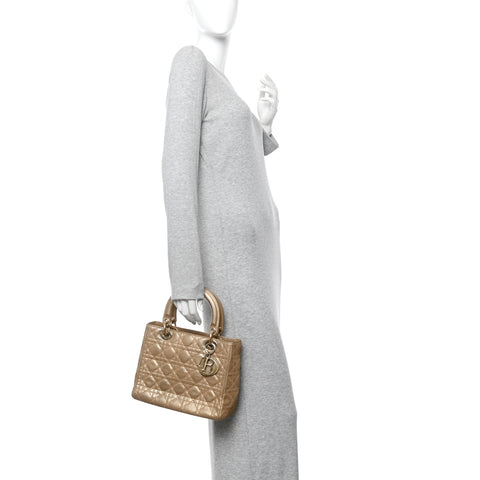 Metallic Nylon Cannage Medium Lady Dior Gold