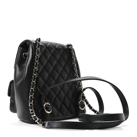 Shiny Caviar Quilted Medium Duma Pockets Drawstring Backpack Black