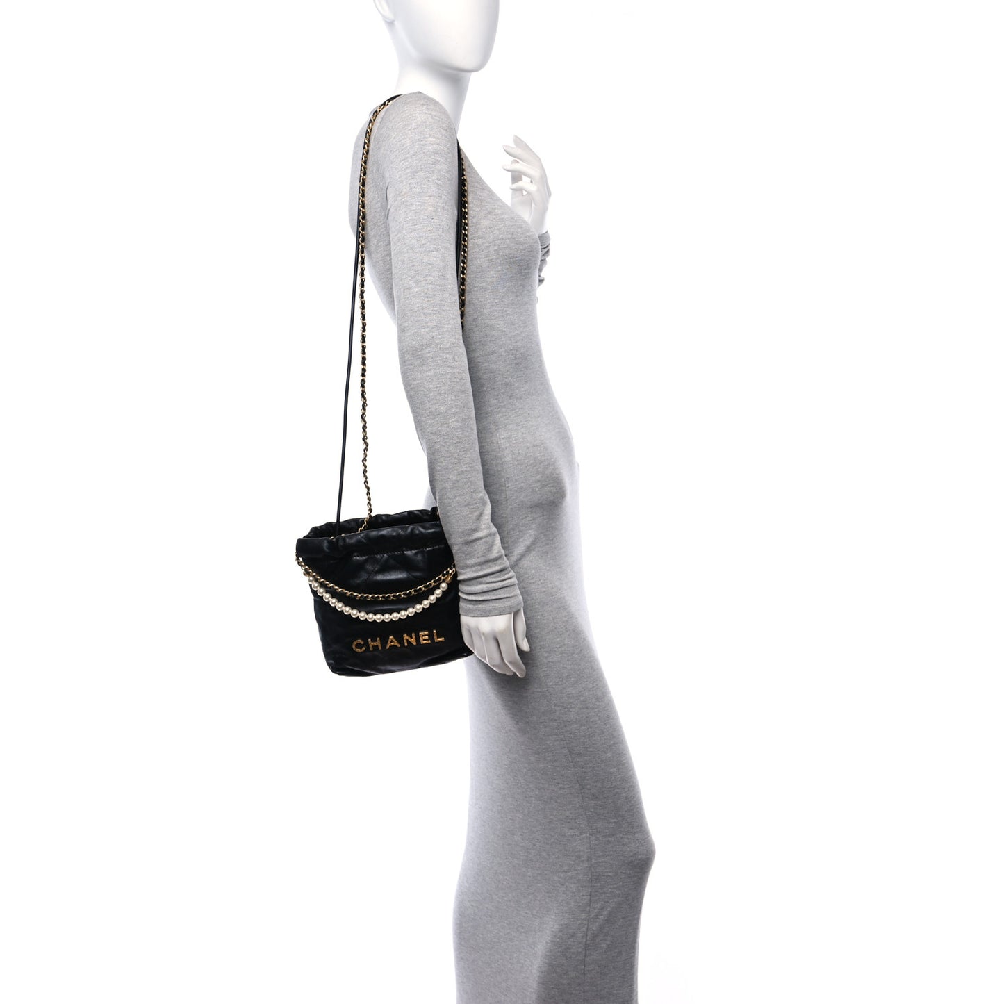 Shiny Crumpled Calfskin Quilted Pearl Mini Chanel 22 Black