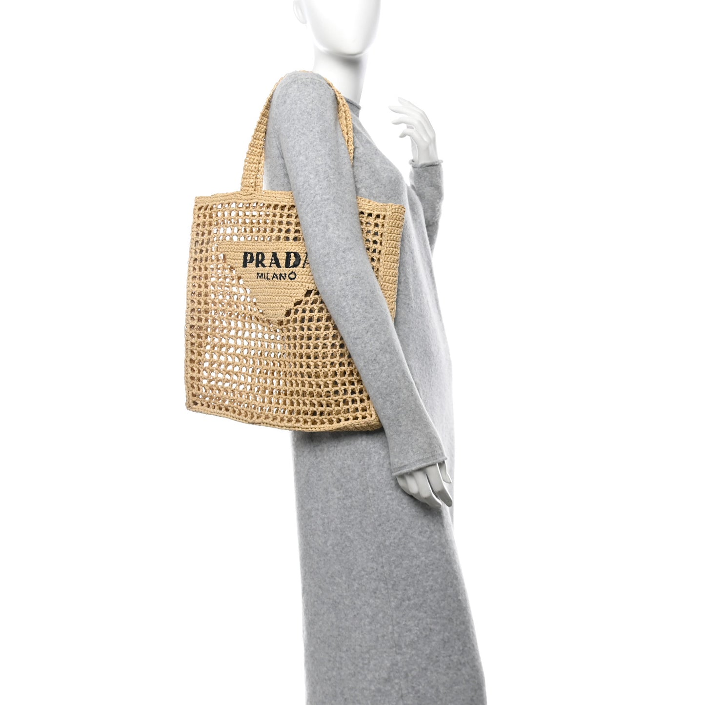 Yarn Raffia Effect Crochet Logo Embroidered Tote Bag Naturale