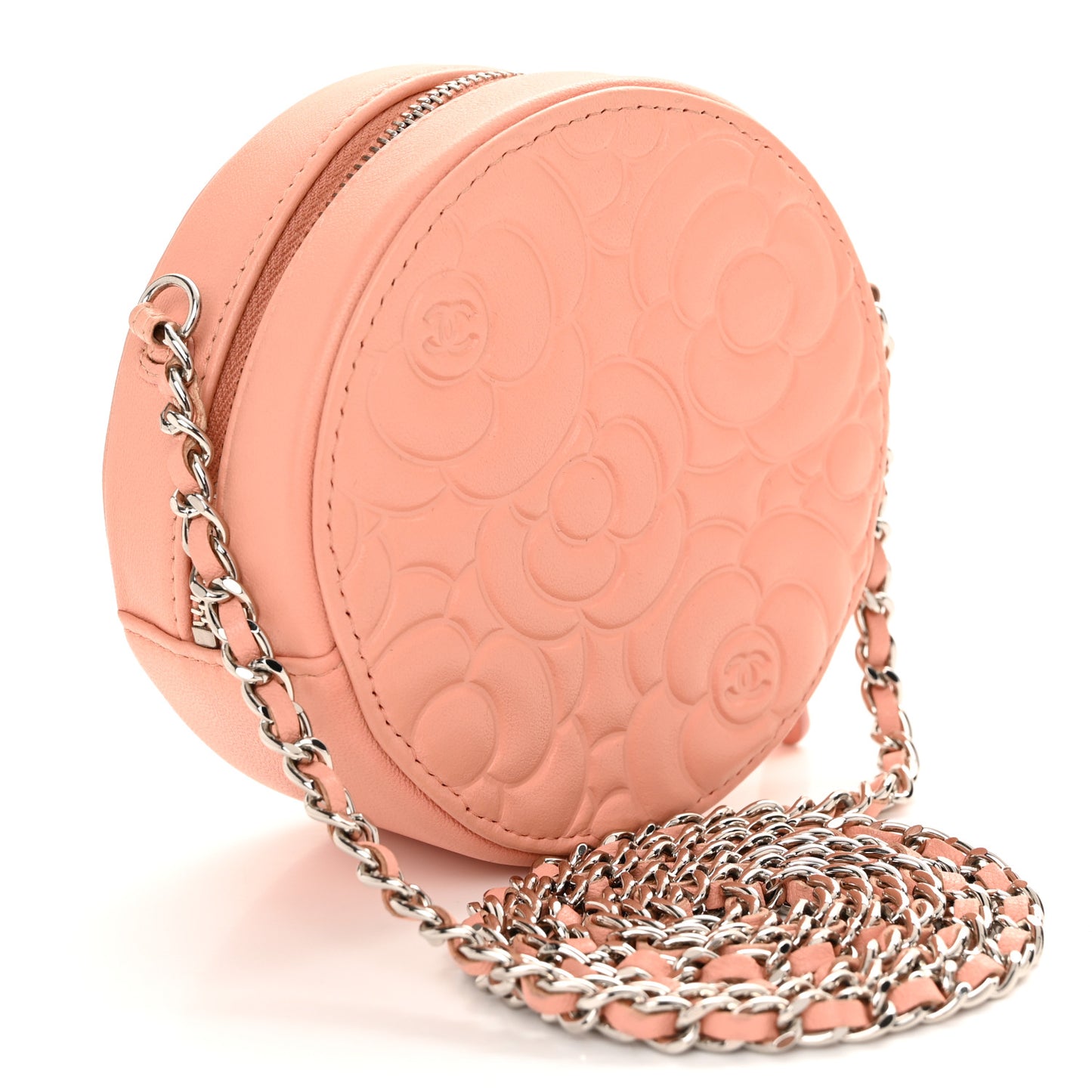 Lambskin Camellia Quilted Round Clutch With Chain Light Pink
