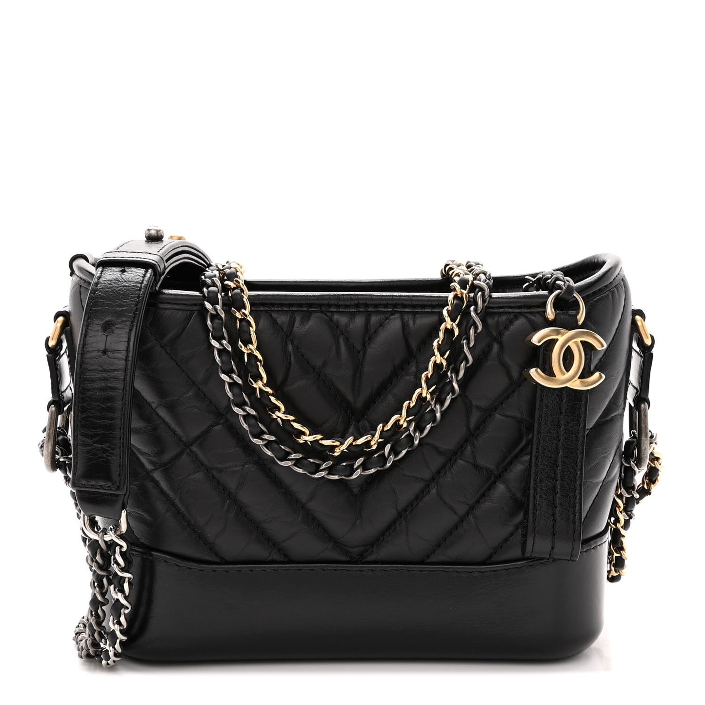 Aged Calfskin Chevron Quilted Small Gabrielle Hobo Black