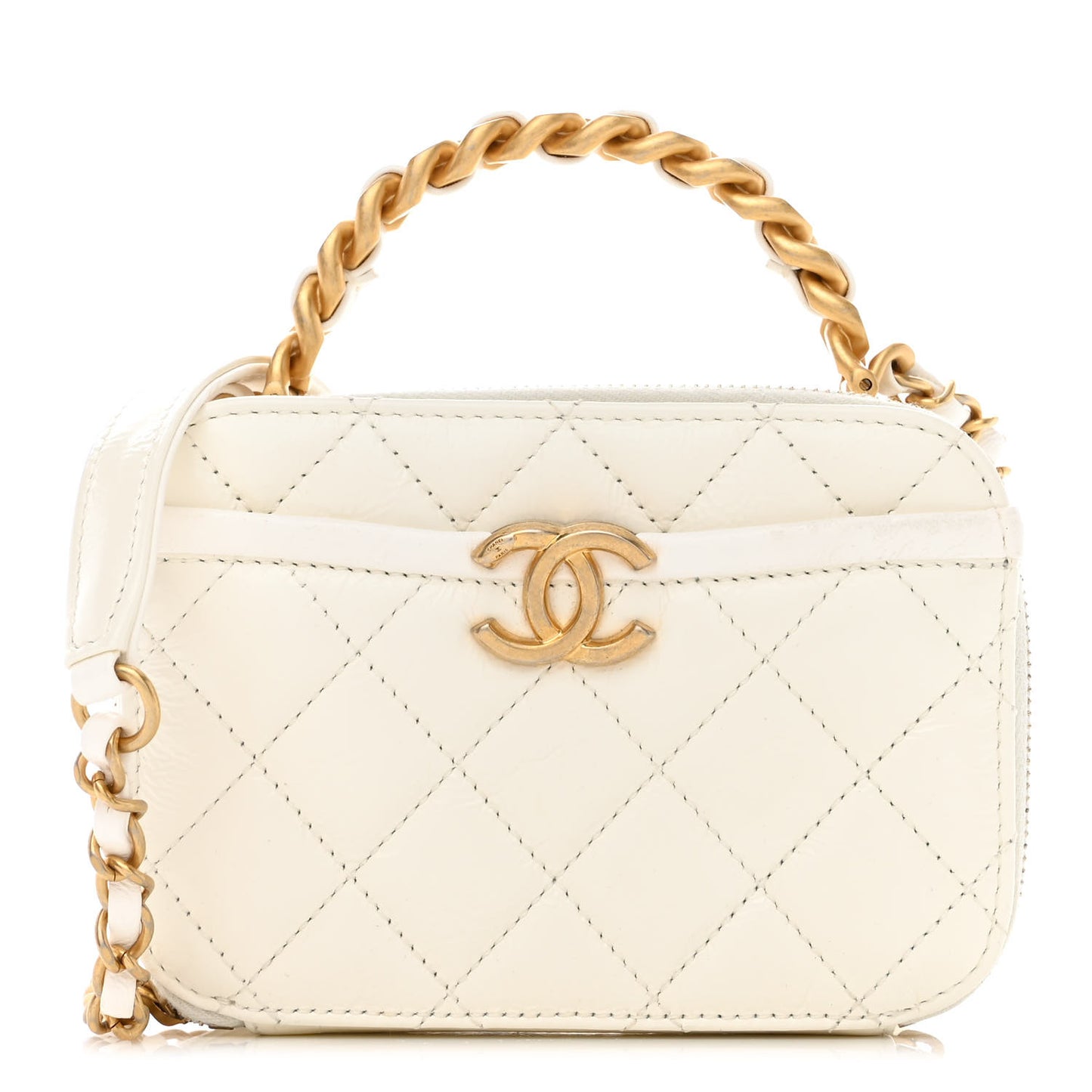 Crumpled Calfskin Quilted Mini Get Round Top Handle Vanity Case White