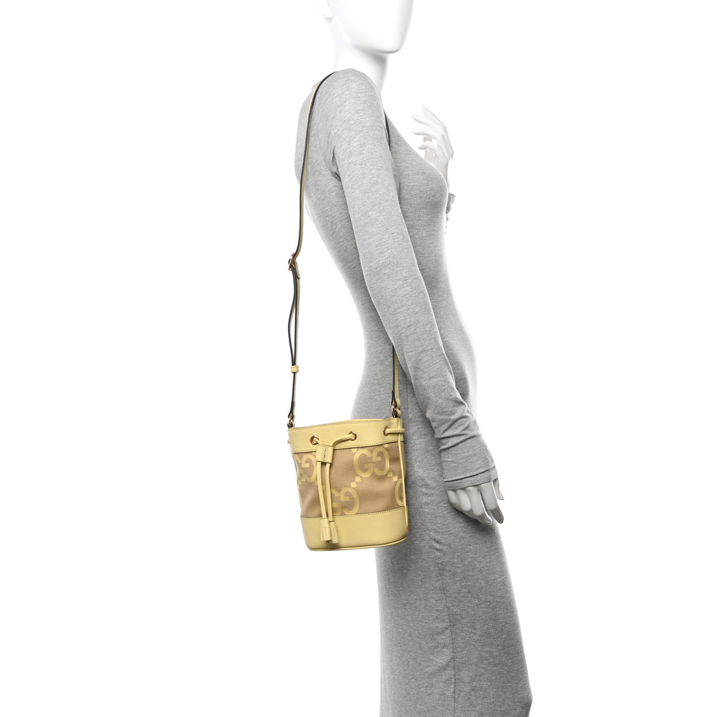 Monogram Jumbo GG Textured Dollar Calfskin Mini Ophidia Bucket Bag Beige Banana