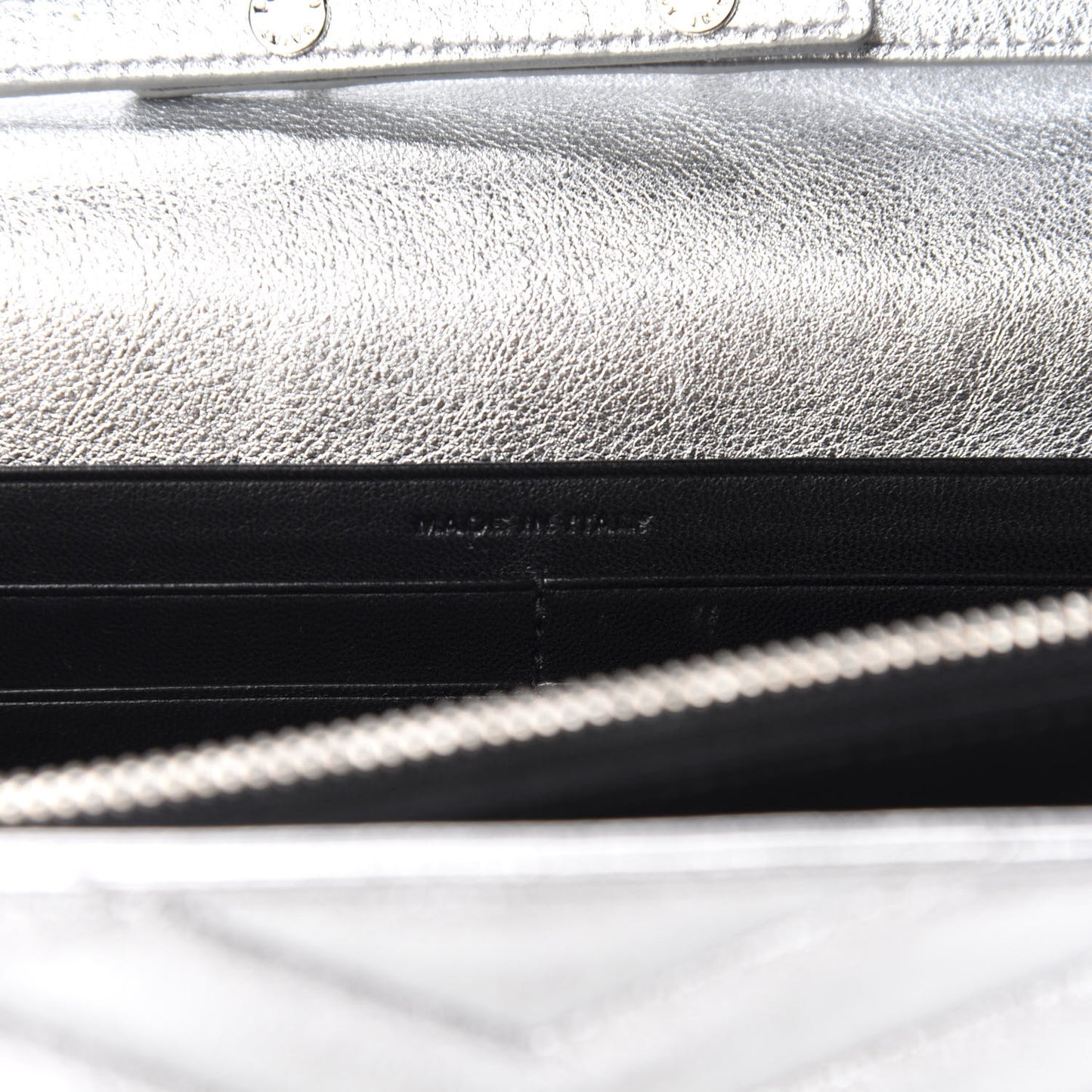 Metallic Lambskin Matelasse Chevron Monogram Chain Wallet Argento