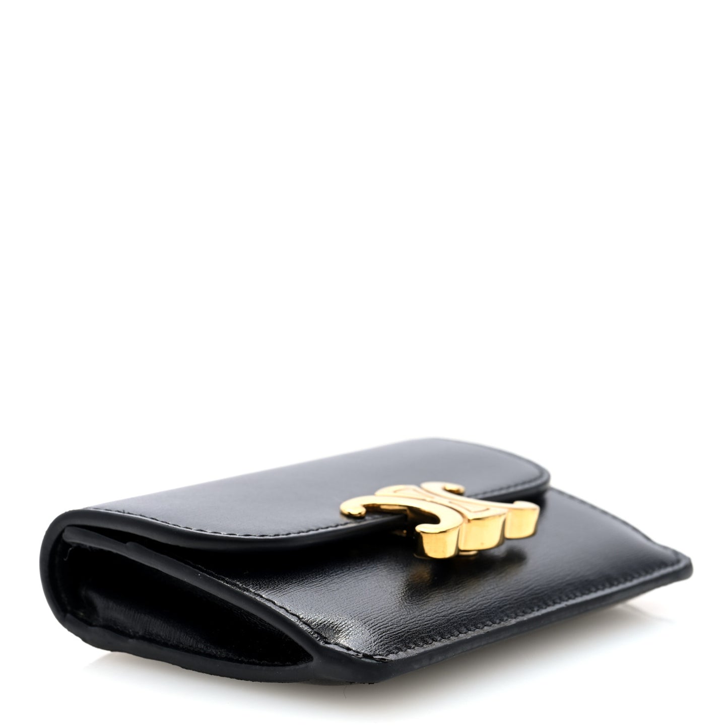 Shiny Calfskin Triomphe Flap Card Holder Black